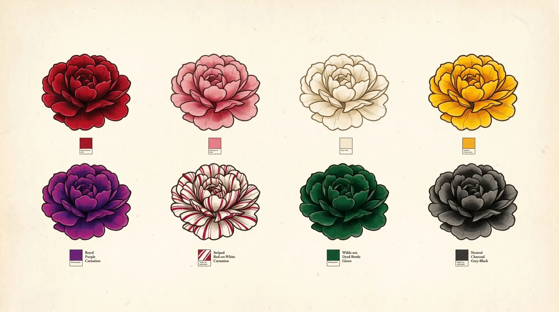 Eight carnation tattoo colors compared: red, pink, white, yellow, purple, striped, green, and black-and-grey