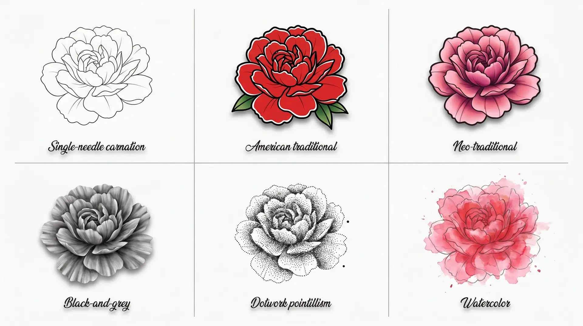 Six carnation tattoo styles compared: linework, traditional, neo-traditional, realistic, dotwork, and watercolor
