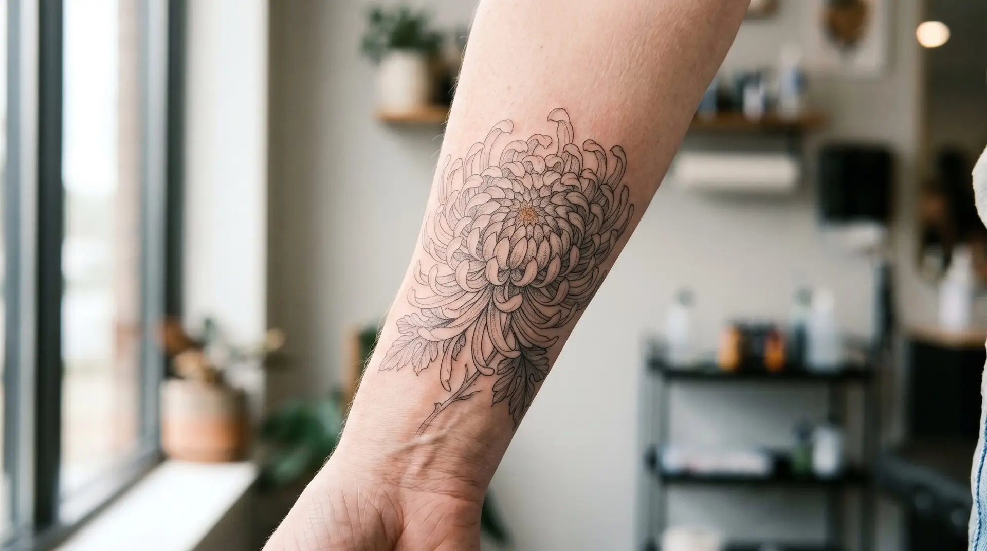 Fine-line single chrysanthemum bloom tattoo on inner forearm with detailed petal structure