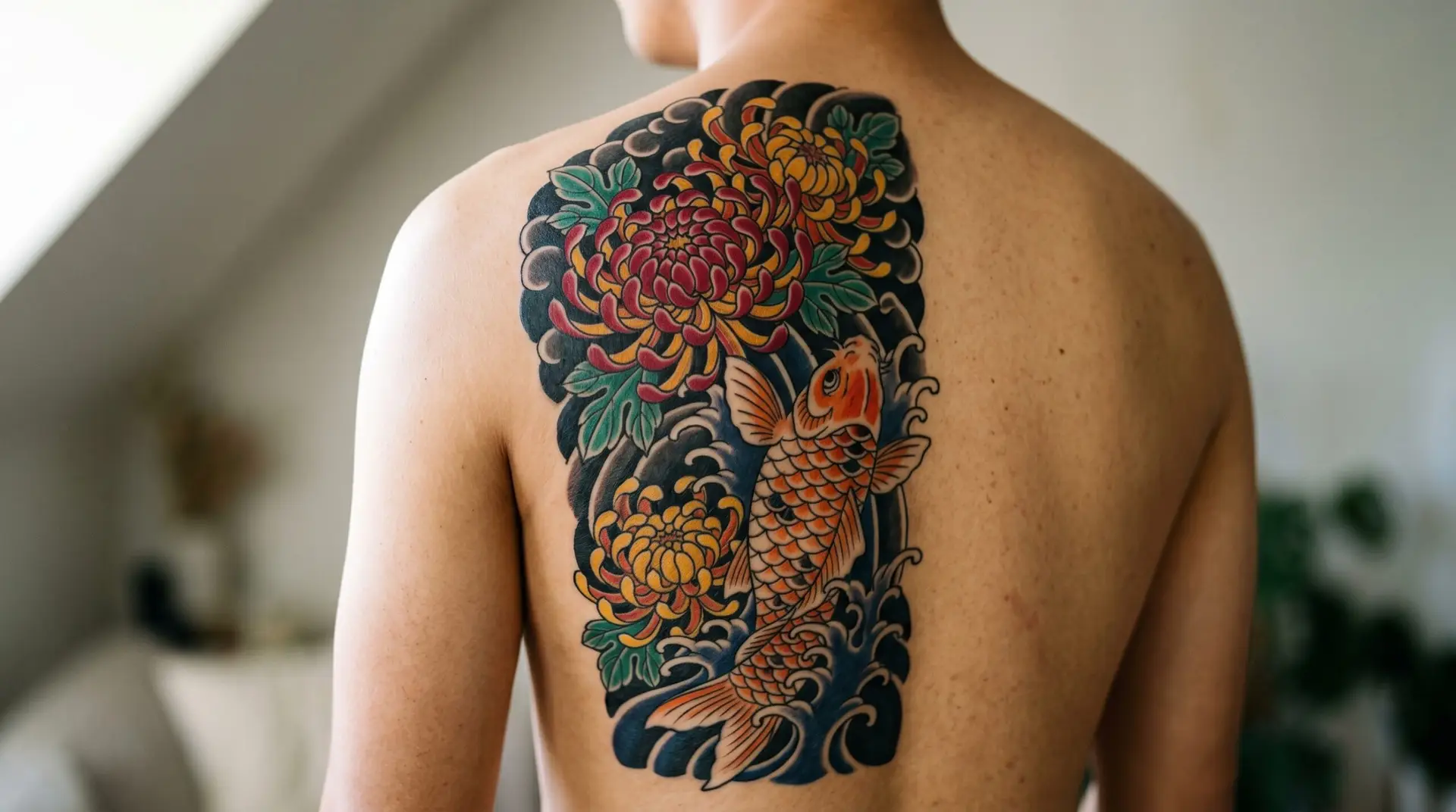 Chrysanthemum and koi fish back panel tattoo with stylized water flow Japanese irezumi tradition