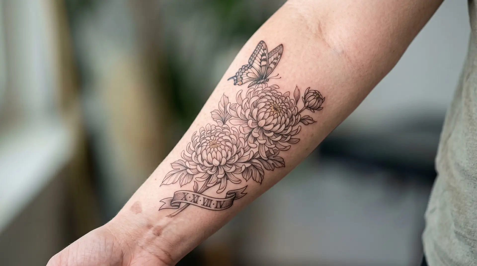 Memorial chrysanthemum tattoo on forearm with butterfly and Roman numeral date banner