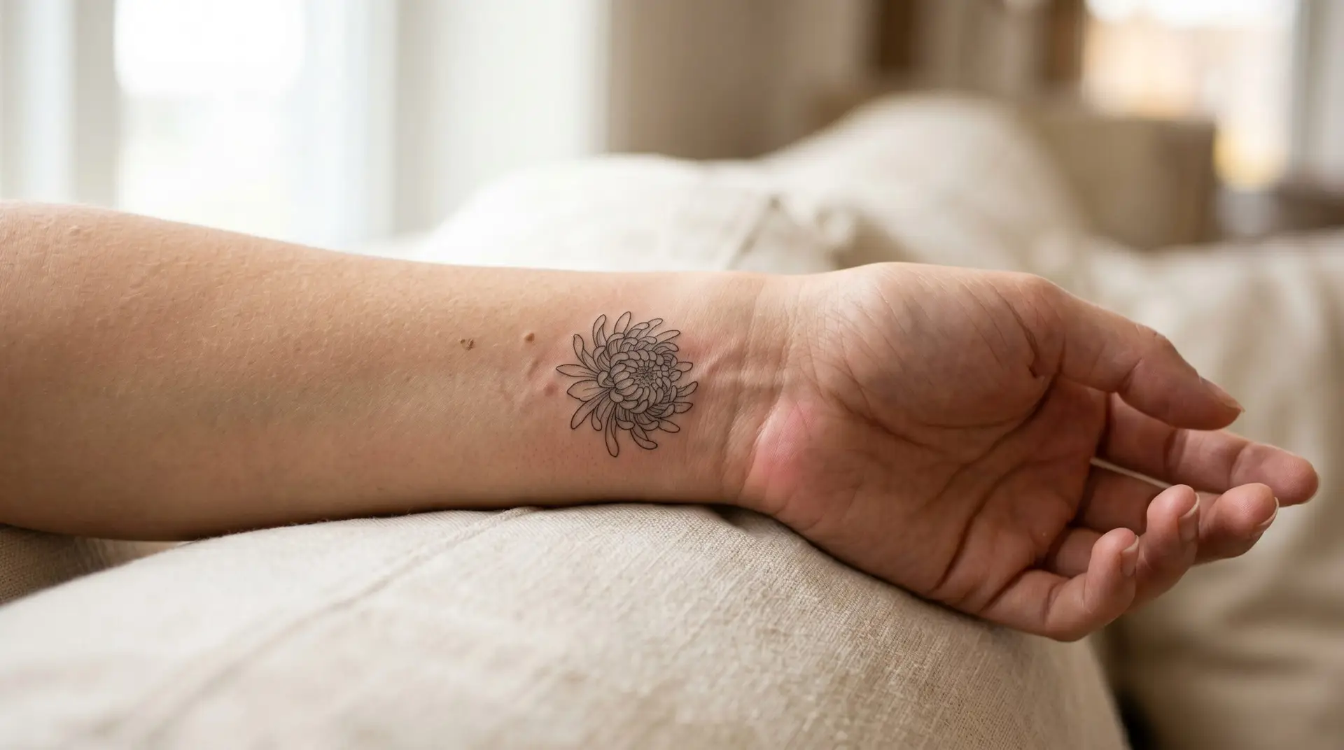 Small minimalist single chrysanthemum tattoo on inner wrist as November birth flower marker