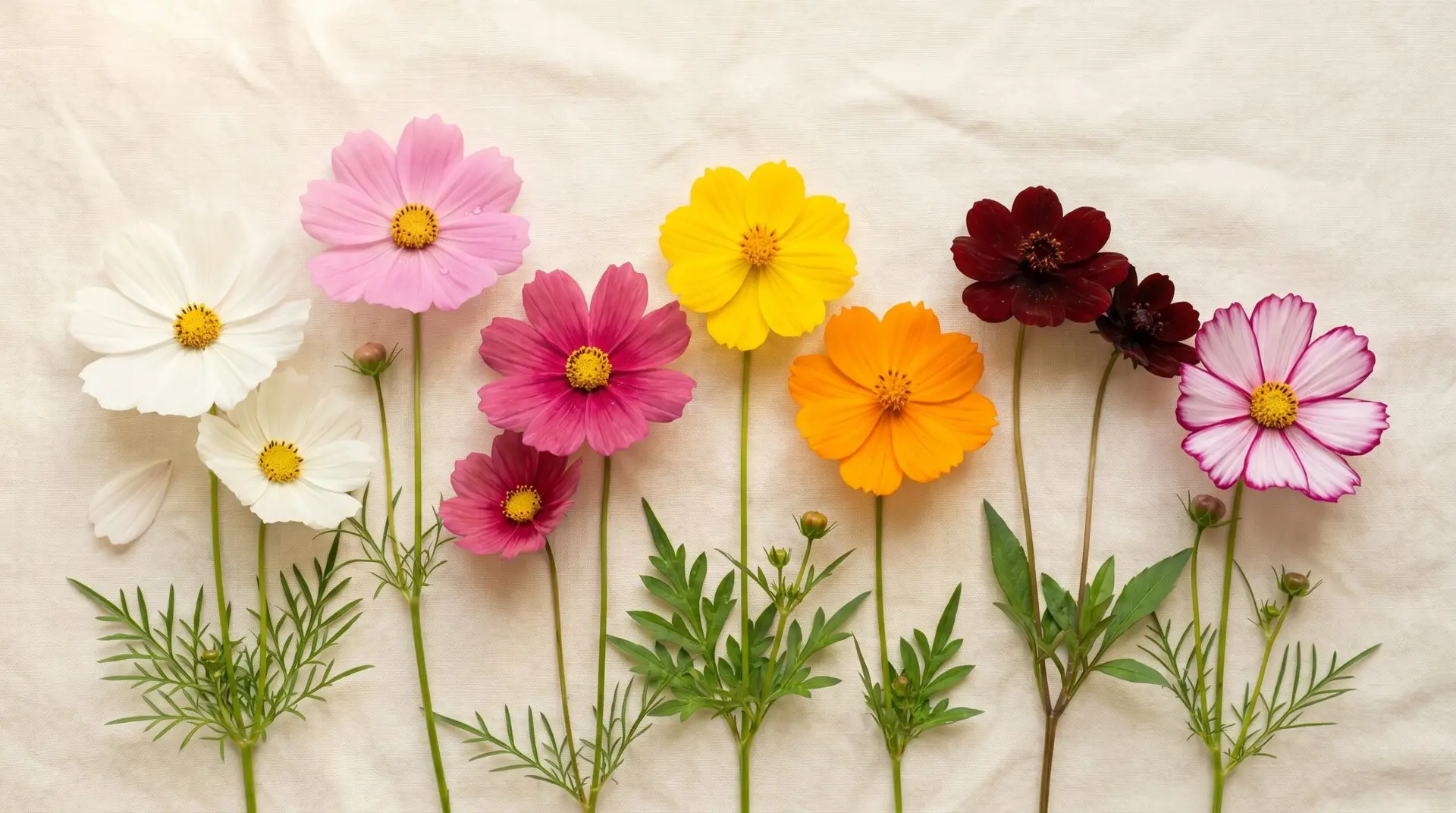 Seven cosmos color varieties from pink to chocolate and orange arranged on cream linen