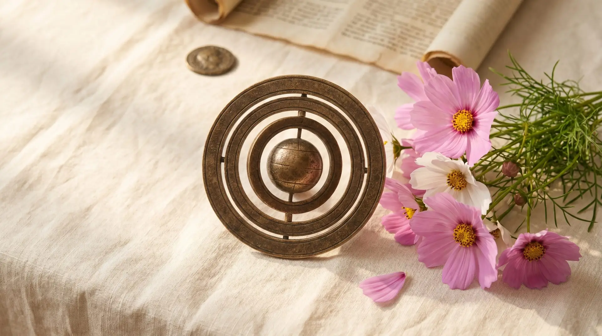 Greek astronomical instrument beside fresh pink cosmos bouquet on cream linen kosmos heritage