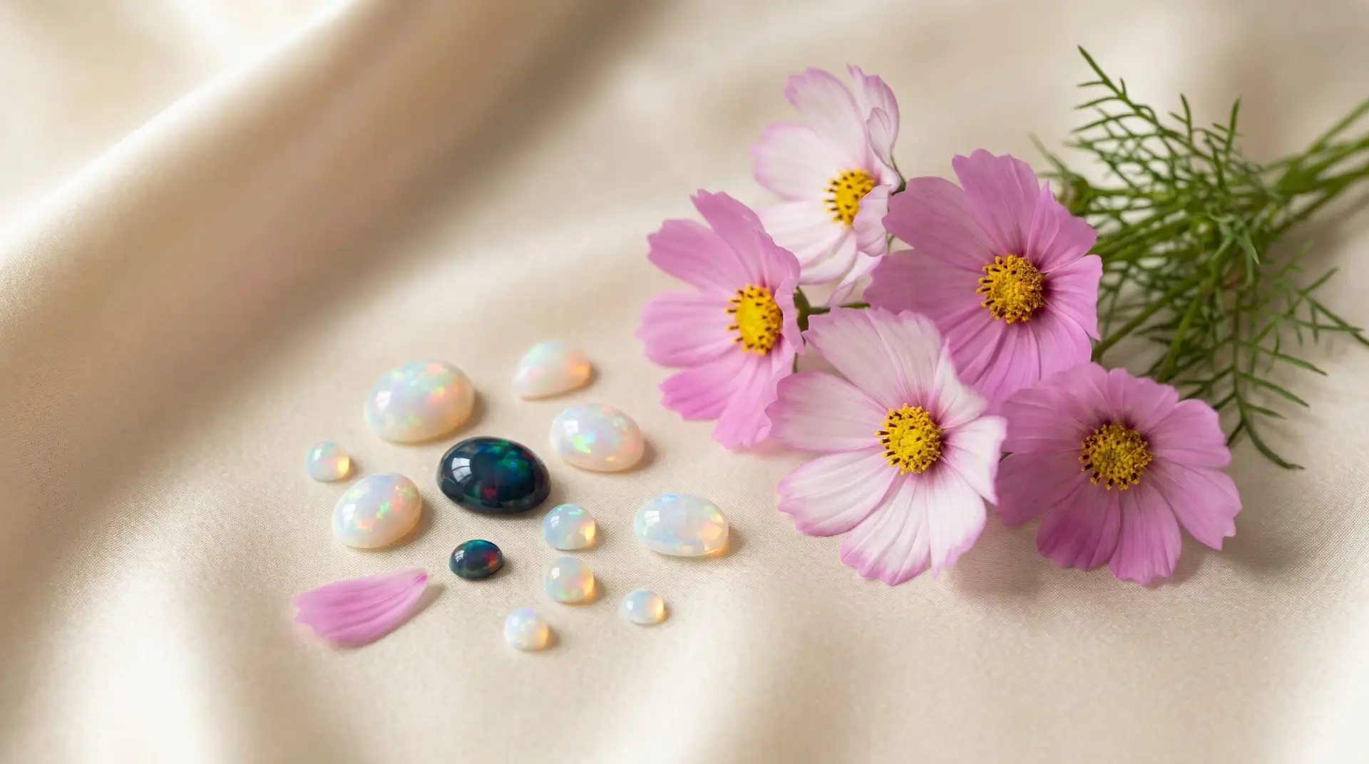 Pink cosmos bouquet beside scattered loose opal gemstones with iridescent flash on cream silk