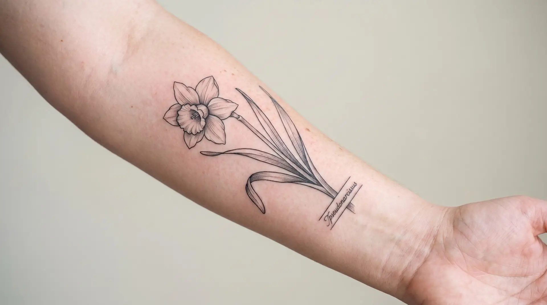 Botanical illustration daffodil tattoo on forearm with stem leaves and Latin Narcissus label in black ink