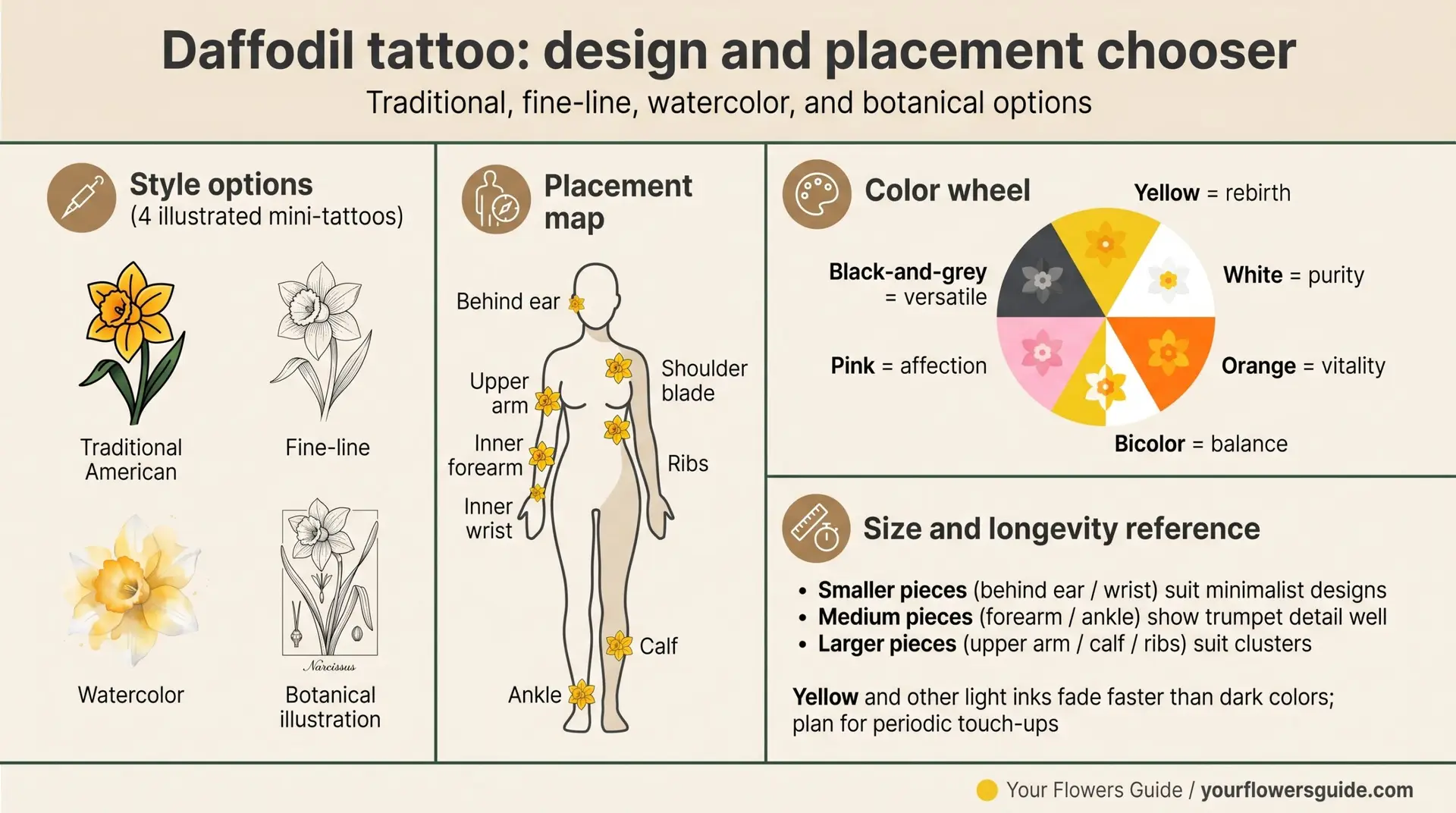 Daffodil tattoo design chooser infographic showing styles, color wheel, placement options, and size reference