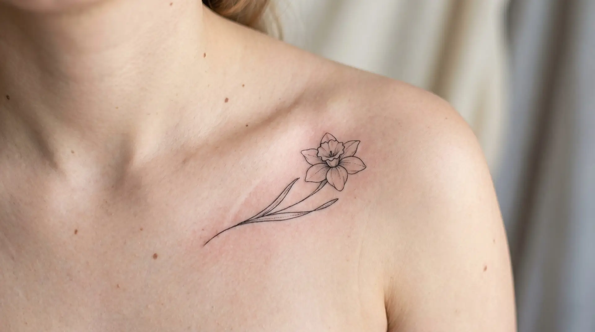 Fine-line single-needle daffodil tattoo on collarbone in delicate grey-black ink without color fill