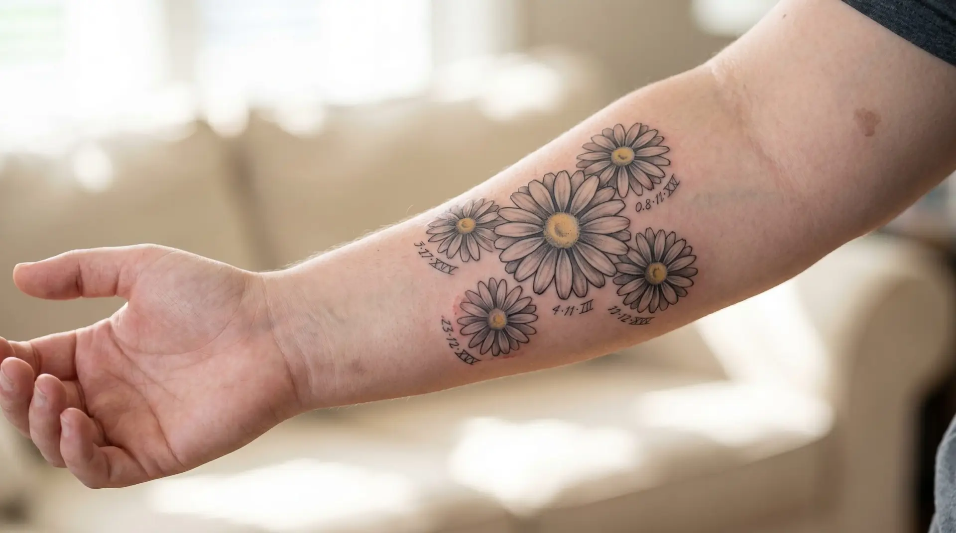 Multi-daisy family cluster tattoo on forearm with central larger daisy surrounded by four smaller daisies