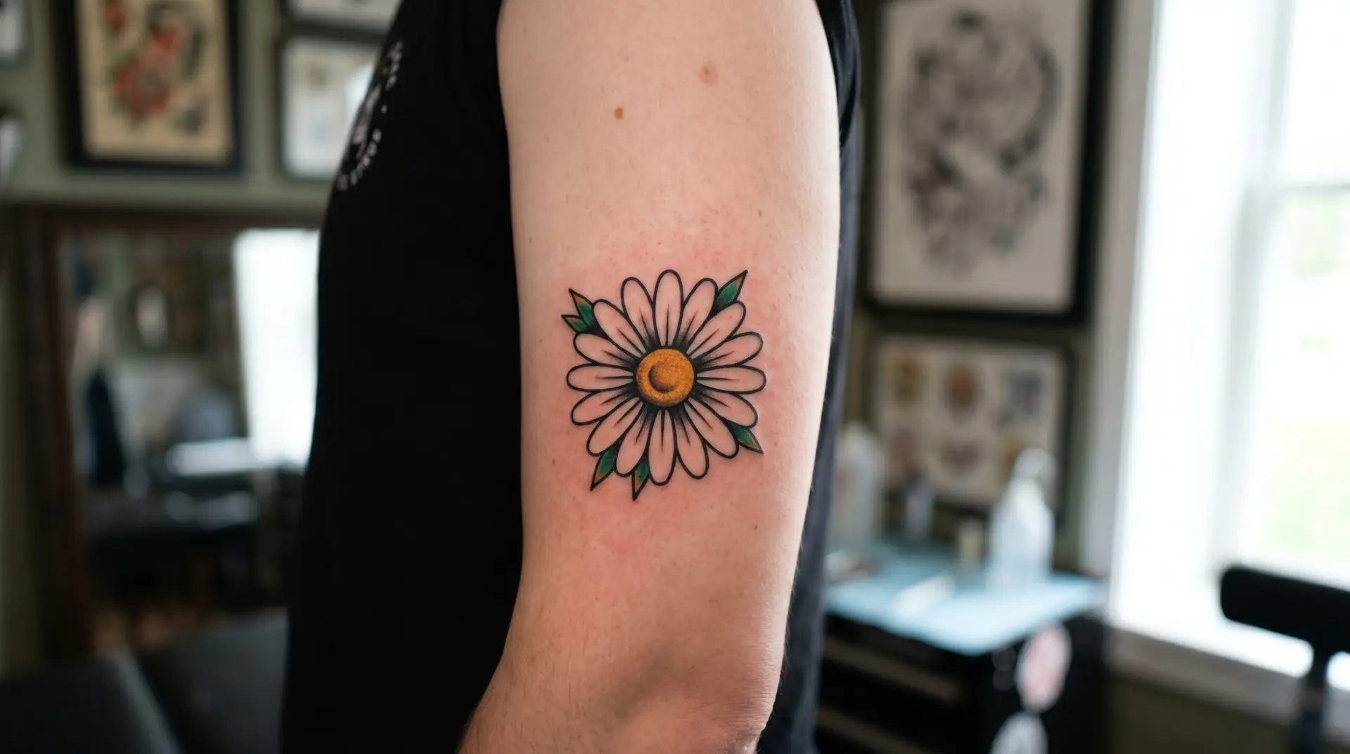 Traditional American style daisy tattoo on outer bicep with bold black outline and saturated yellow center