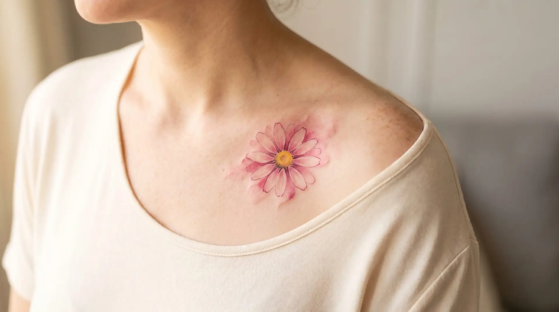 Watercolor-style pink daisy tattoo on collarbone with soft pink ink bleeding around yellow disc center