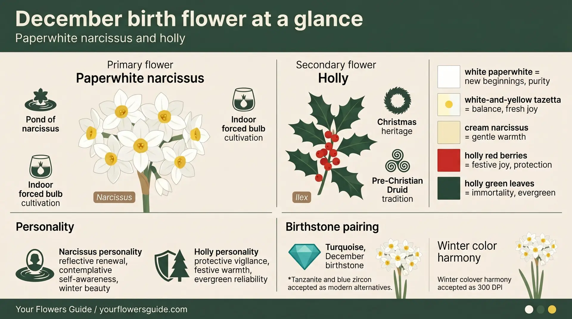 December birth flower at a glance infographic showing narcissus holly color wheel and turquoise