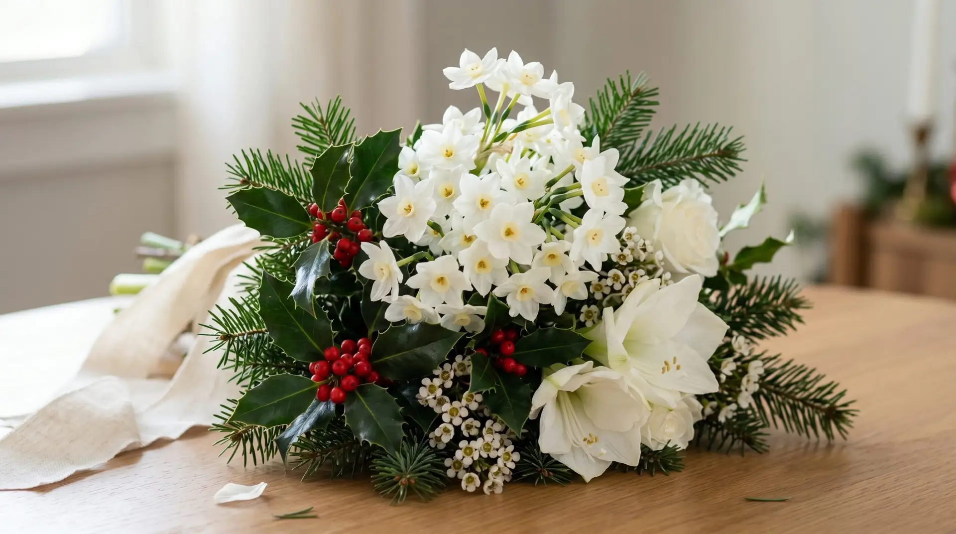 December birthday bouquet with paperwhite narcissus holly berries pine and amaryllis on wood