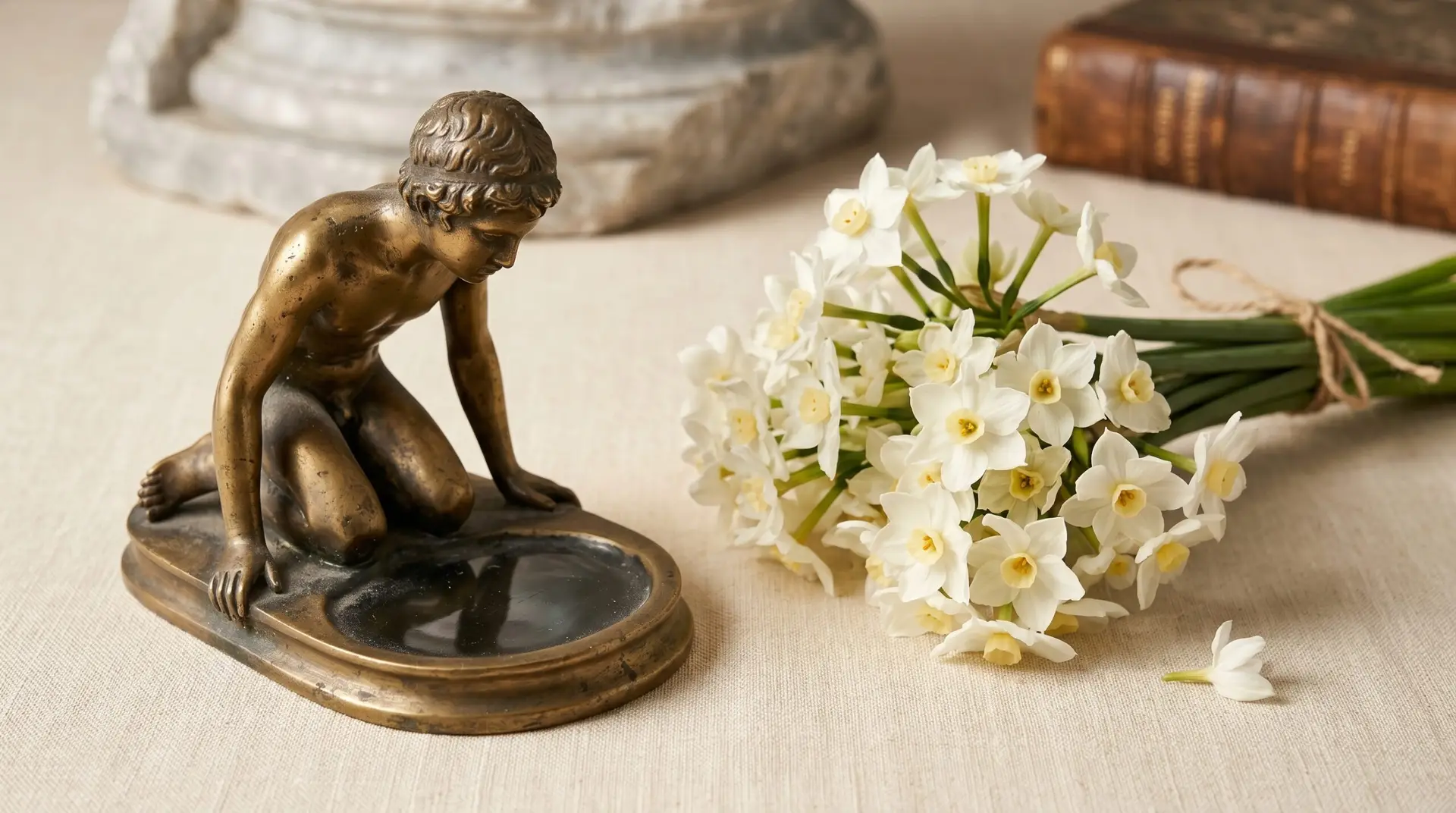 Classical Greek Narcissus sculpture beside fresh paperwhite narcissus on cream linen mythology reference