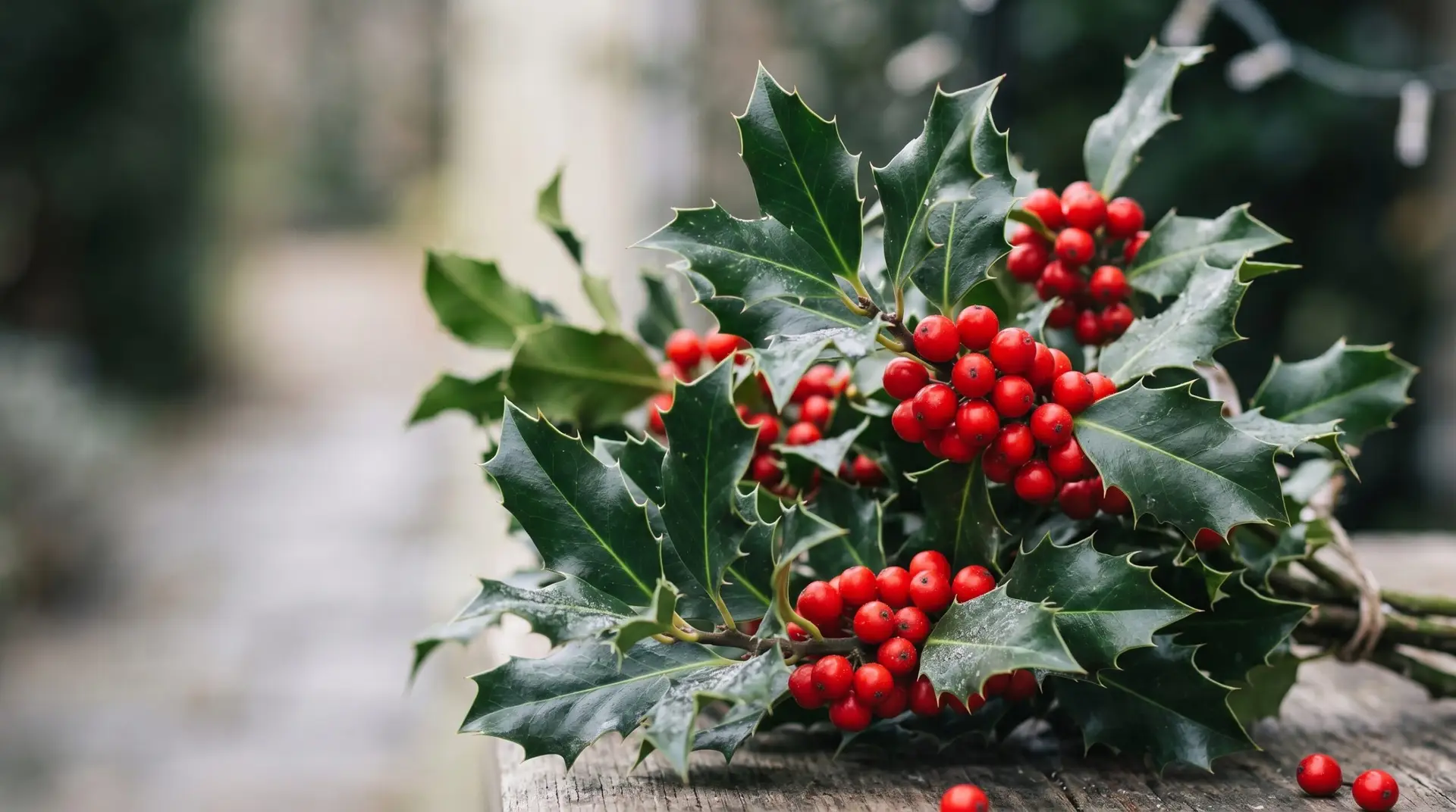 European holly Ilex aquifolium with glossy dark green spiny leaves and bright red Christmas berries