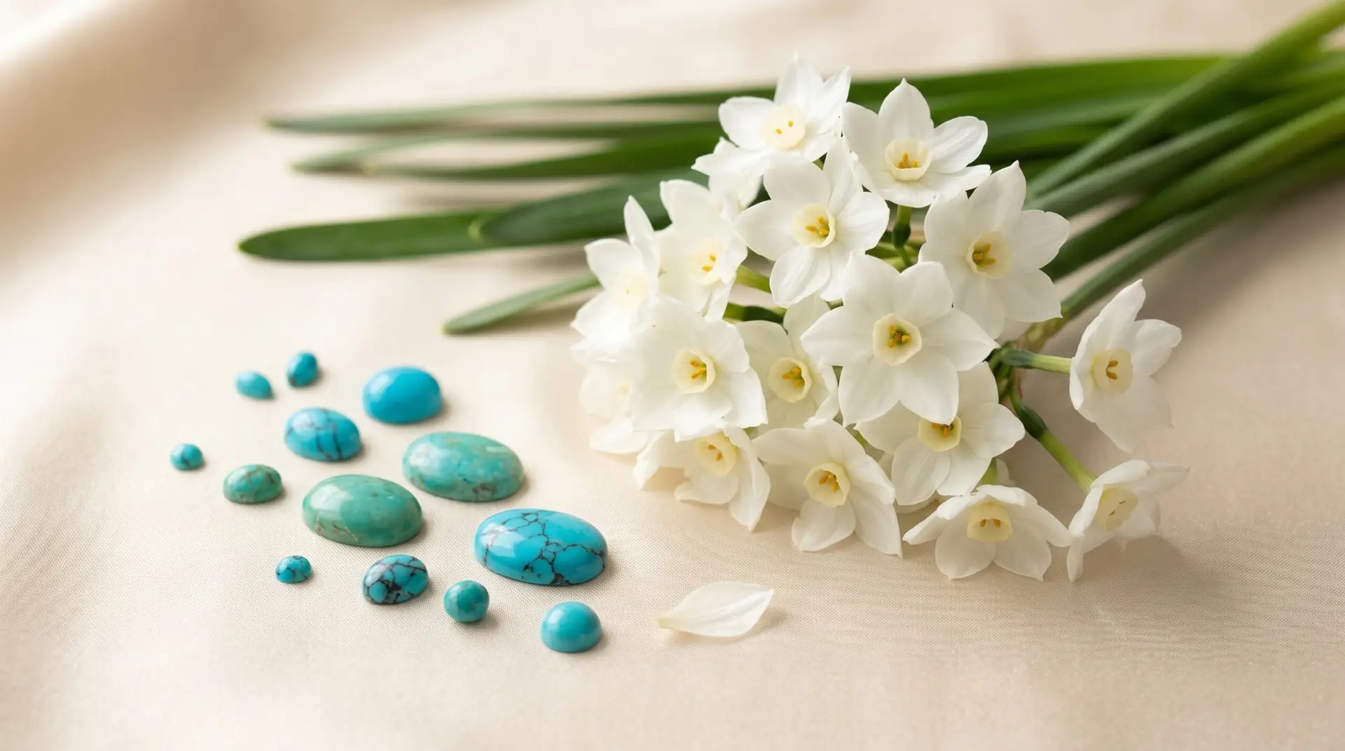 Paperwhite narcissus beside scattered loose turquoise gemstones on cream silk birthstone pairing