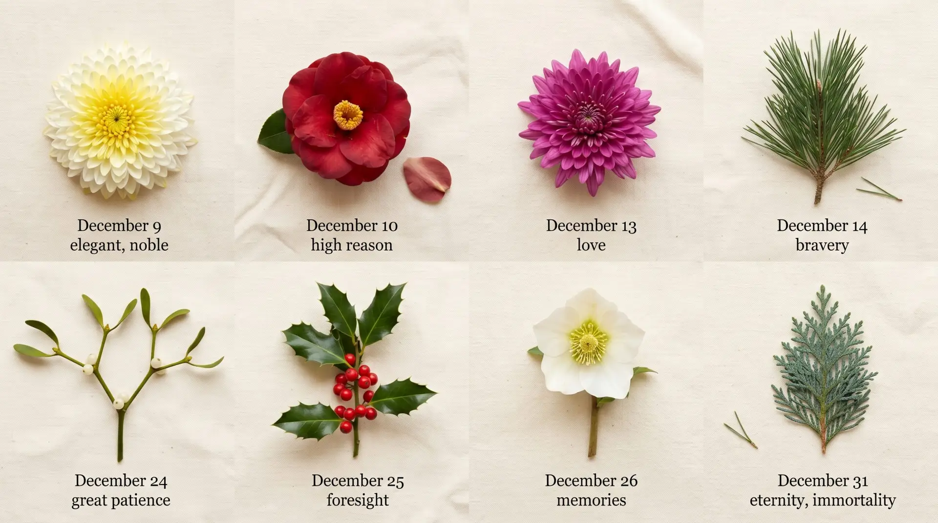 Korean December birth flower variety flat-lay with paperwhite holly camellia poinsettia and pine