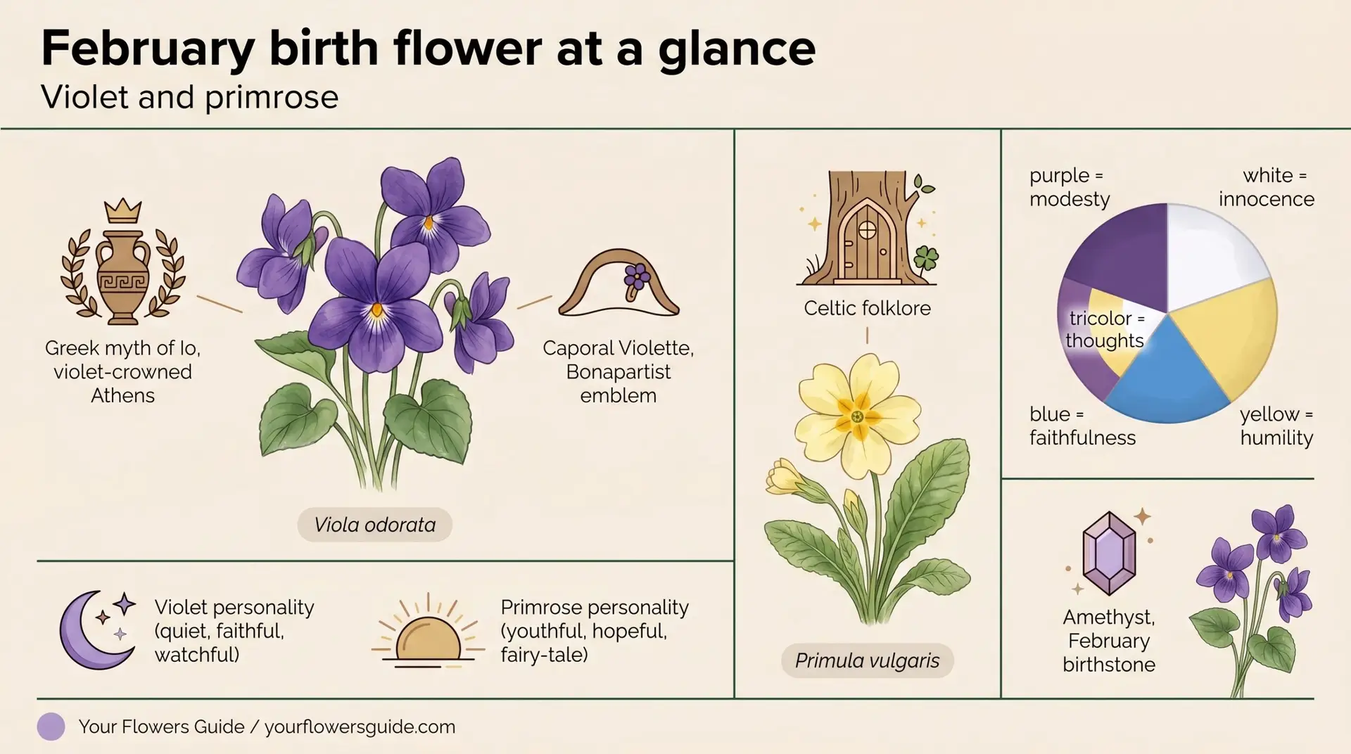 February birth flower at a glance infographic showing violet, primrose, colors, traditions, and amethyst pairing