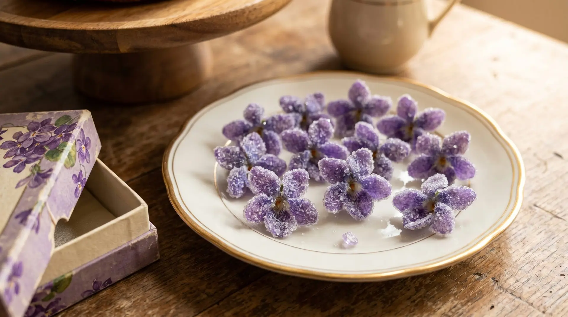 Crystallized purple violet confections on antique white porcelain plate beside vintage gift box with paper liner