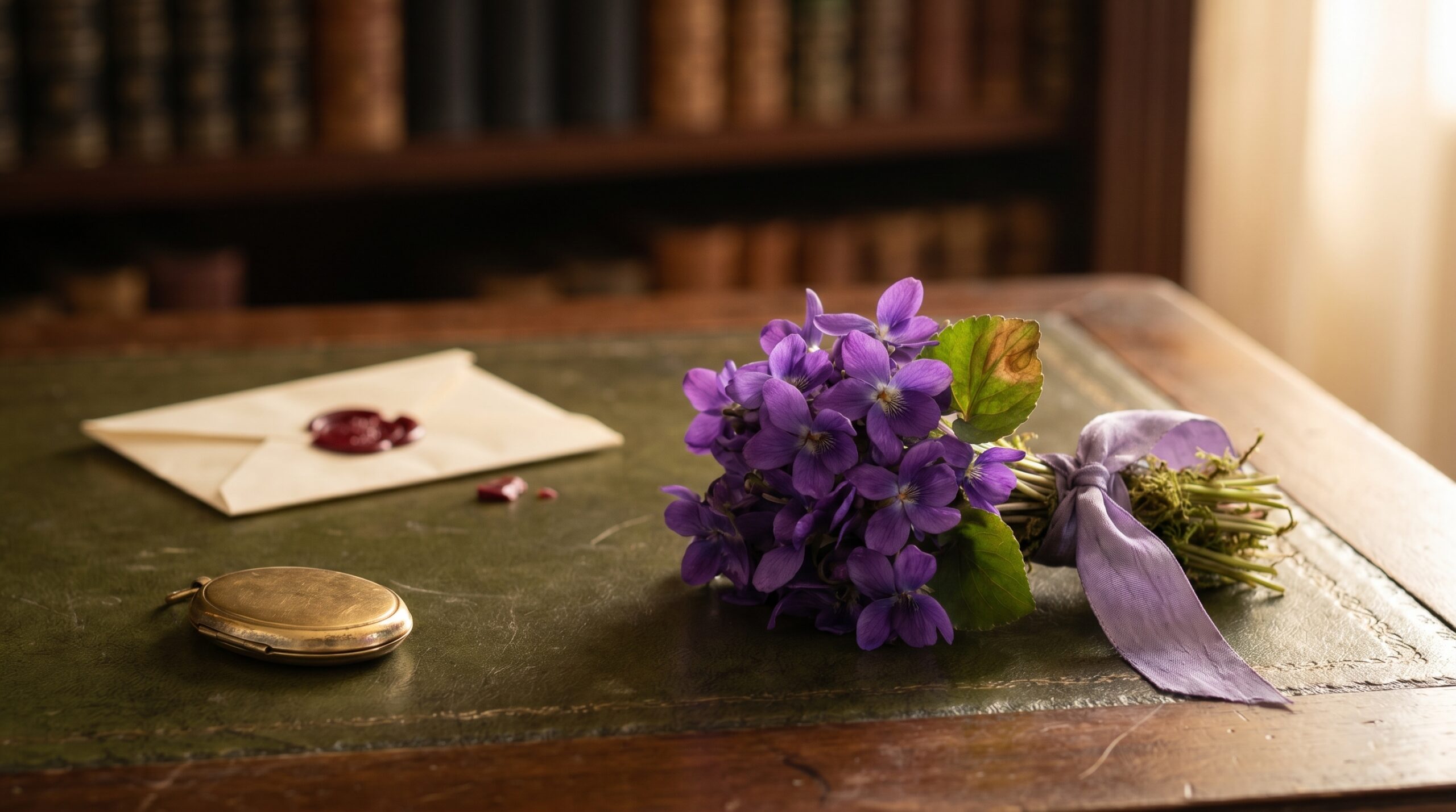 Small bunch of fresh violets tied with silk ribbon beside oval gilt locket and wax-sealed letter on walnut desk