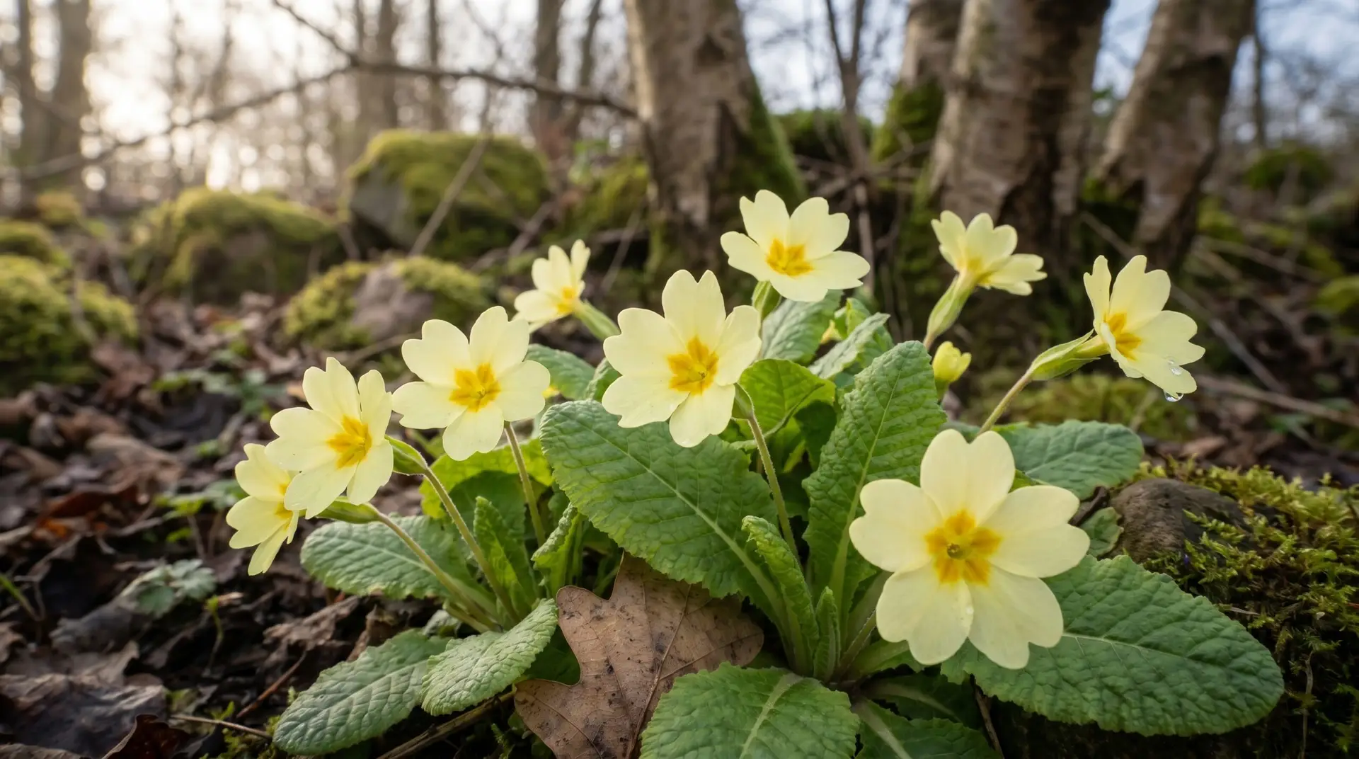 Pale yellow native primroses blooming in cluster at woodland edge with crinkled green rosette leaves in late winter