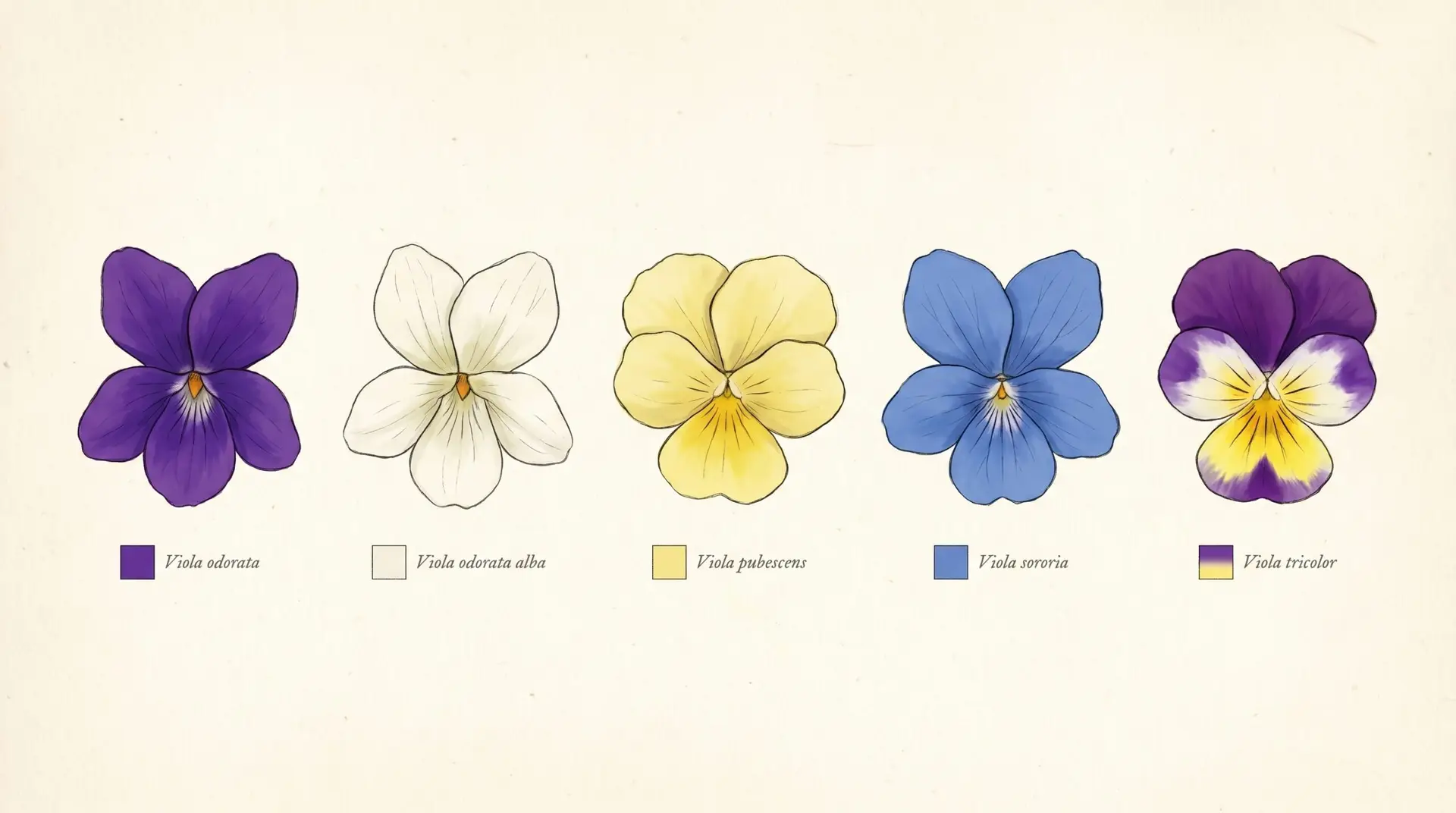 Five violet colors compared in flat botanical illustration: purple, white, yellow, blue, and tricolor heartsease