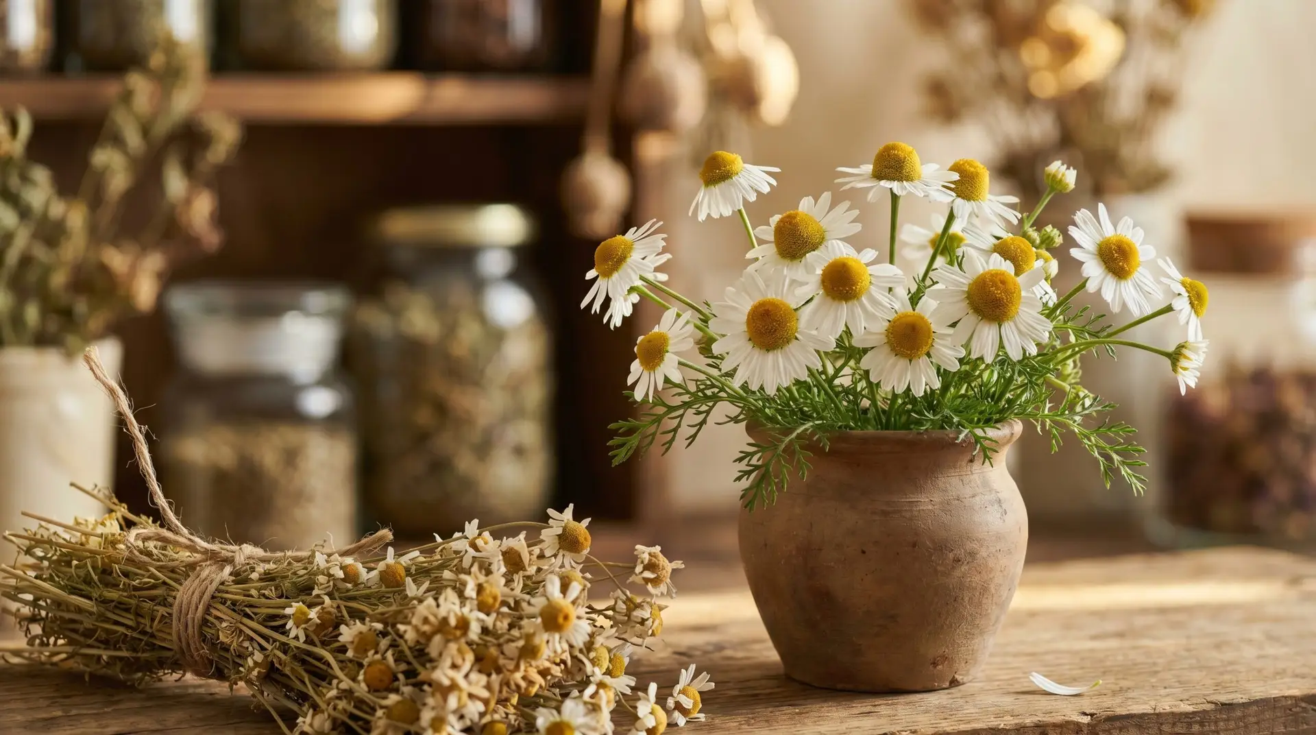 Fresh white chamomile flowers in clay pot beside dried bundle representing Korean Valentine's Day flower