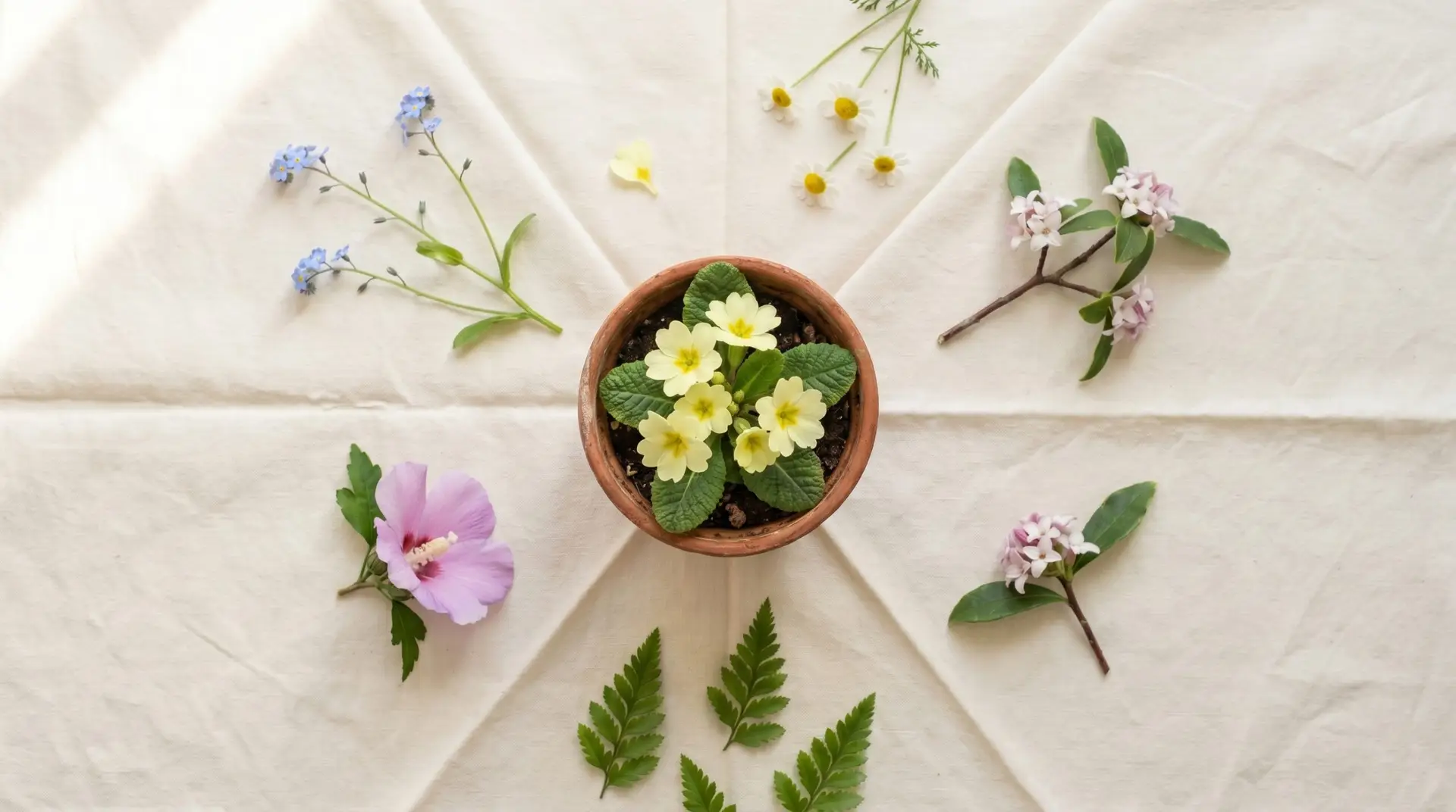 Flat-lay selection of Korean February birth flowers including primrose, forget-me-not, chamomile, and mugunghwa