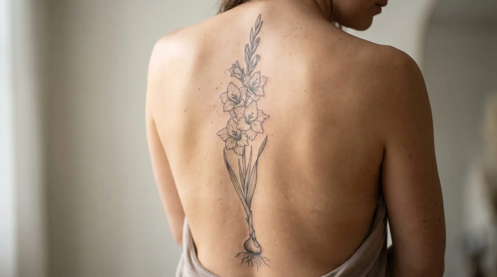 Large botanical illustration gladiolus tattoo along spine with full stem corm and flowering spike