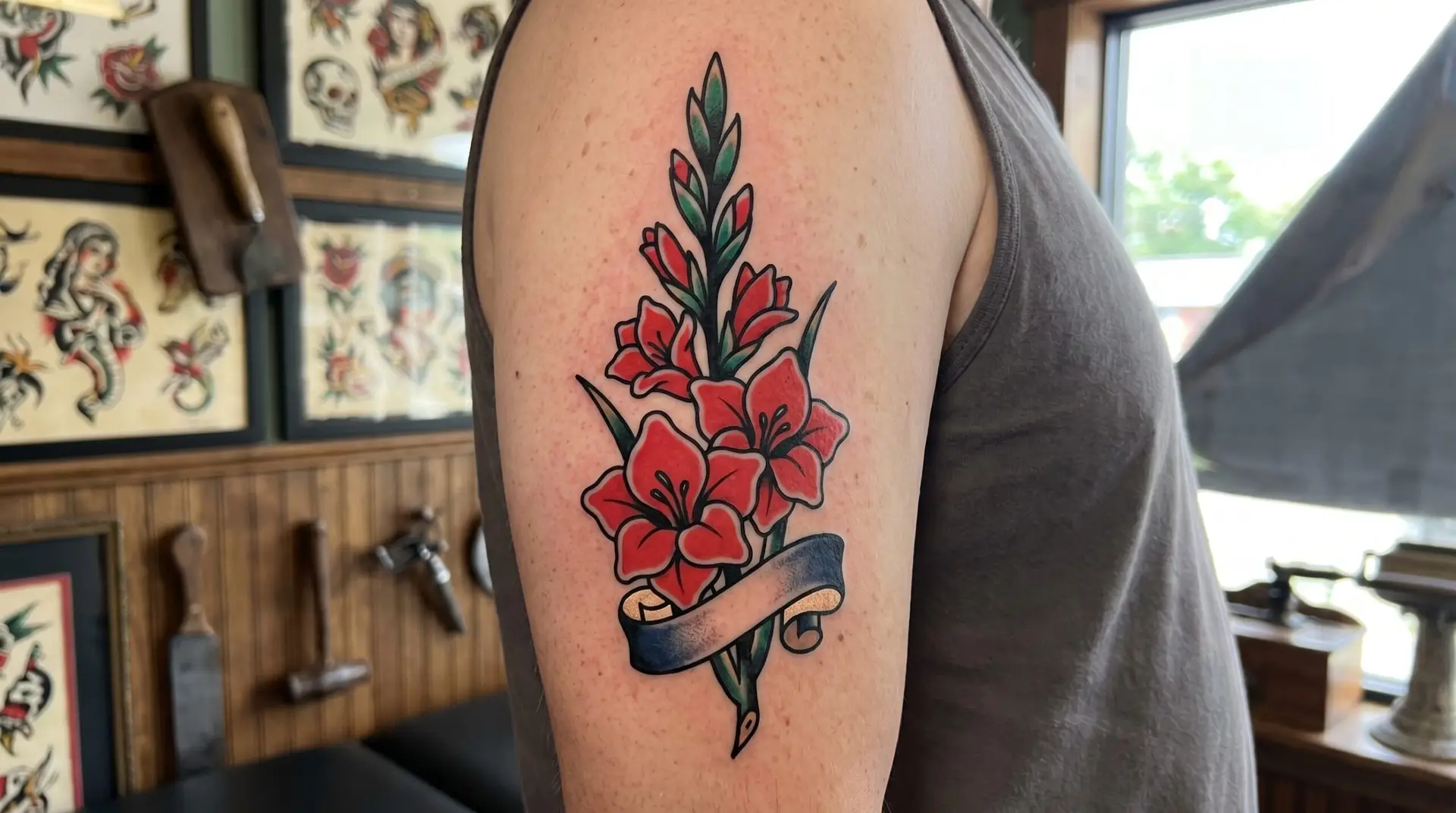 Traditional American style red gladiolus tattoo on bicep with bold outline and banner element