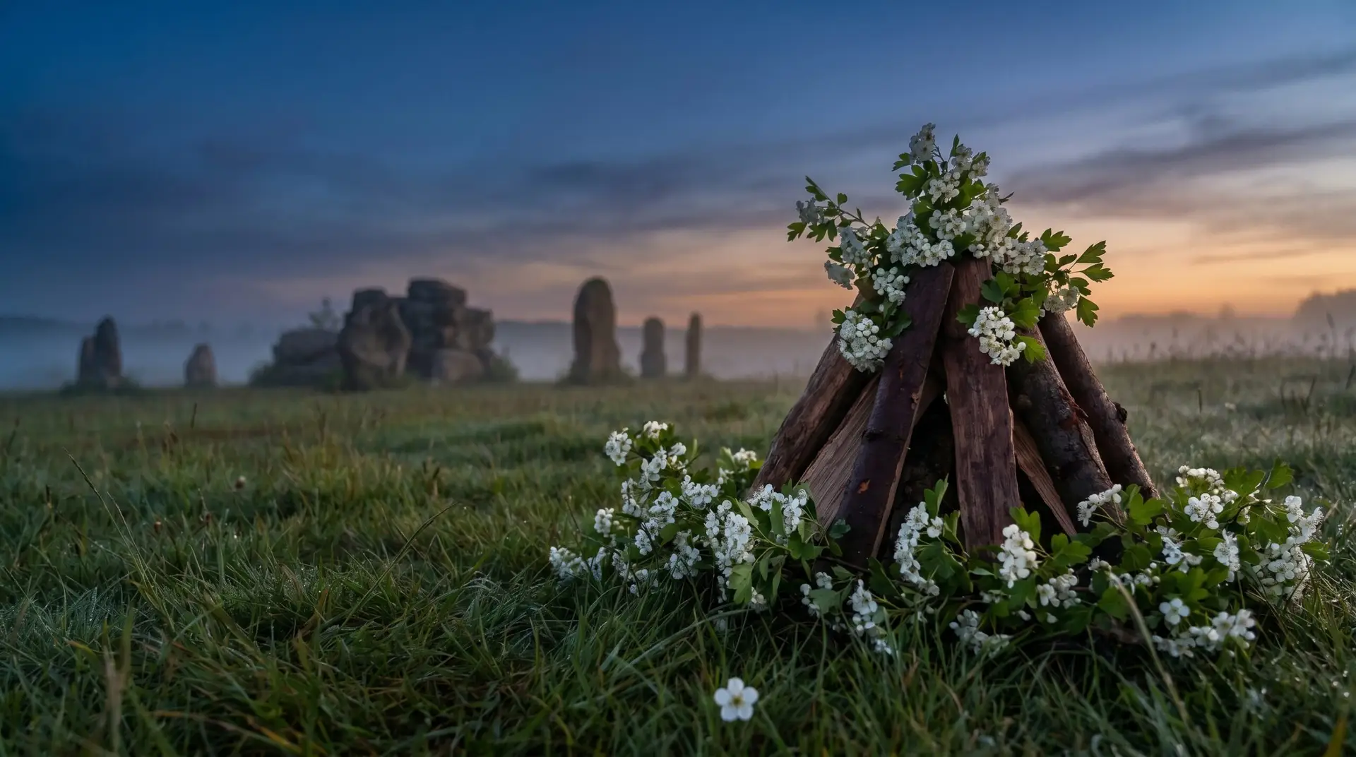 Ceremonial Beltane bonfire arrangement with hawthorn flowering branches at twilight in Celtic tradition