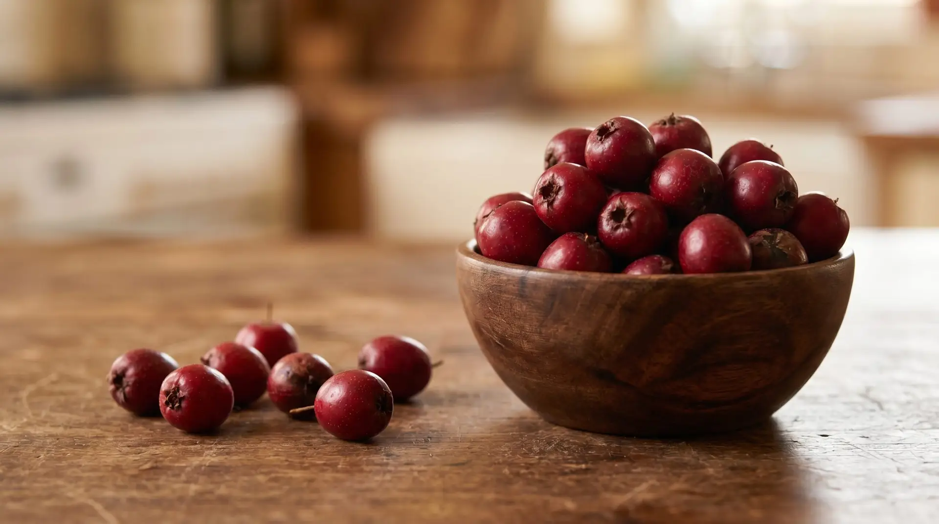 Wooden bowl filled with ripe red hawthorn berries haws on weathered walnut wood surface