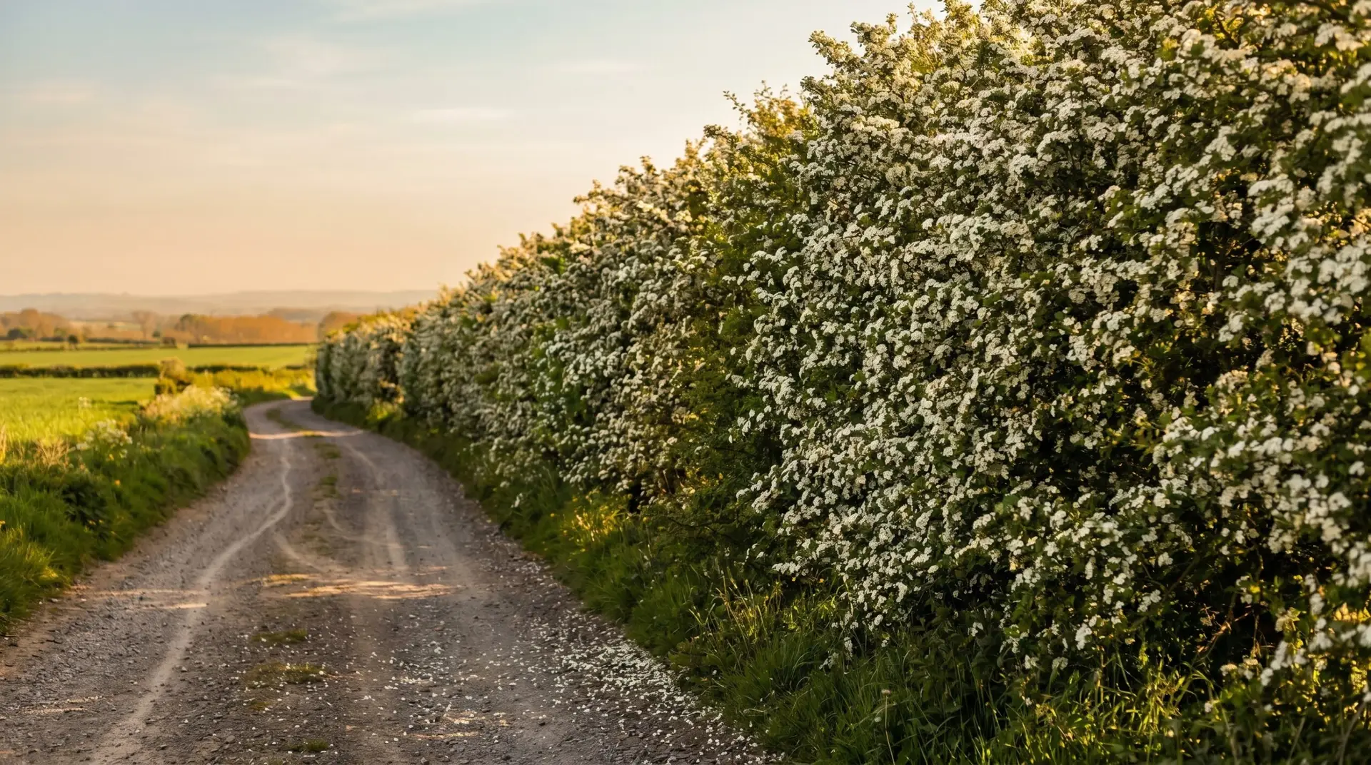 Traditional British hawthorn hedge in full spring bloom along winding country lane