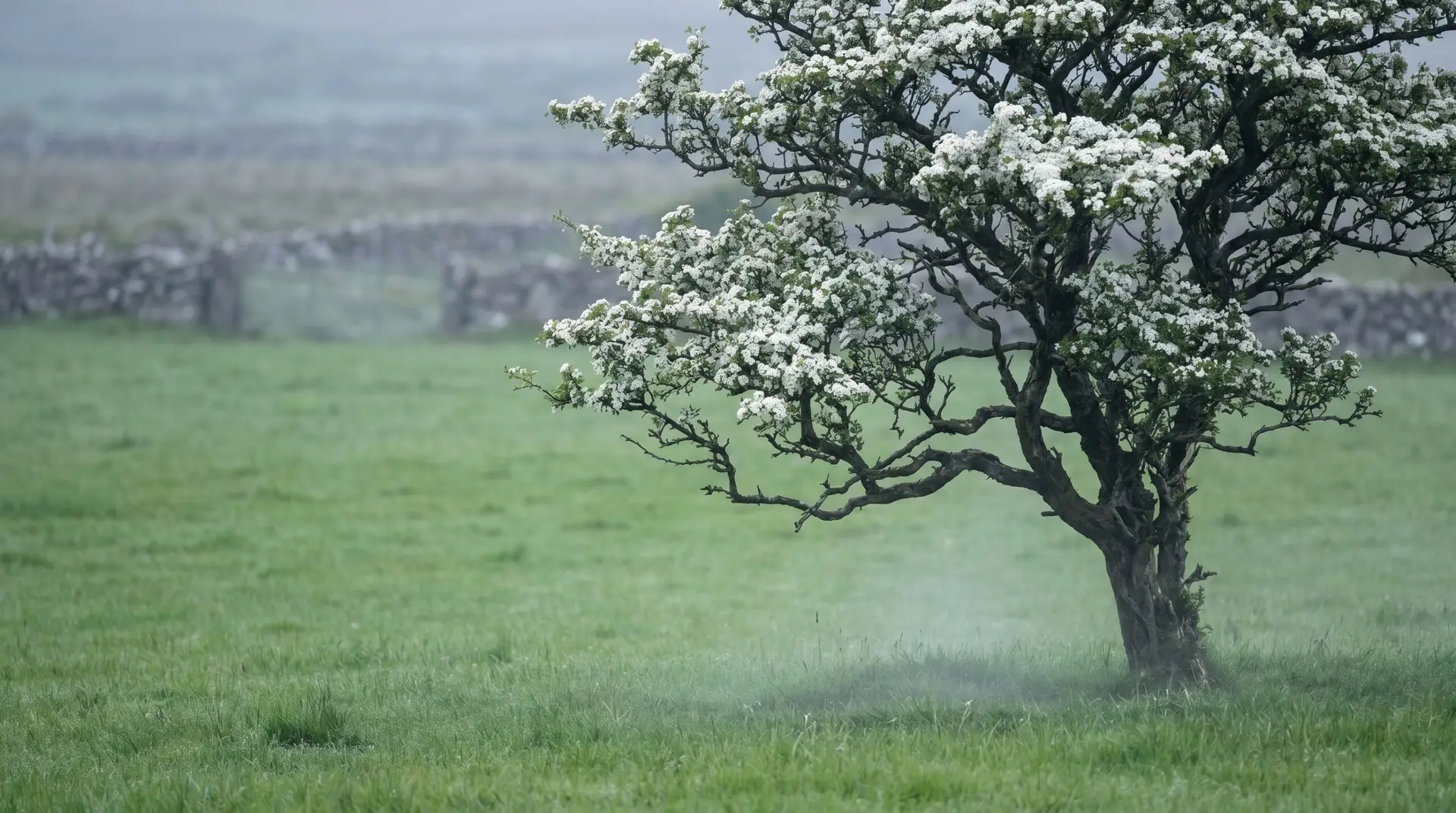 Isolated lone hawthorn tree in open Irish field representing Celtic fairy tree folklore tradition