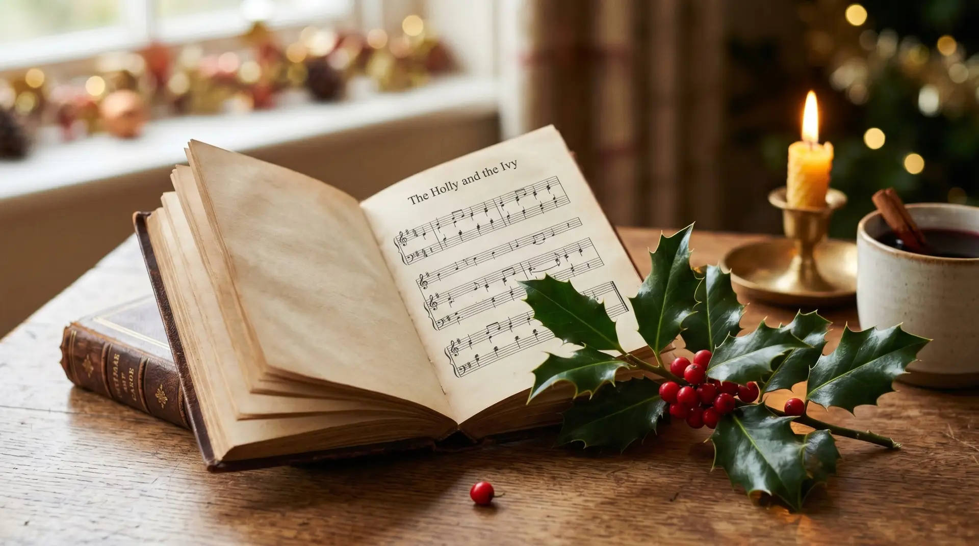 Traditional Christmas songbook open to The Holly and the Ivy beside fresh holly sprig on wood