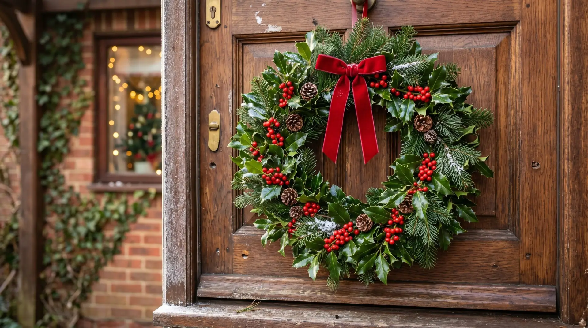 Traditional Christmas holly wreath on door with evergreen sprigs pine cones and red velvet ribbon