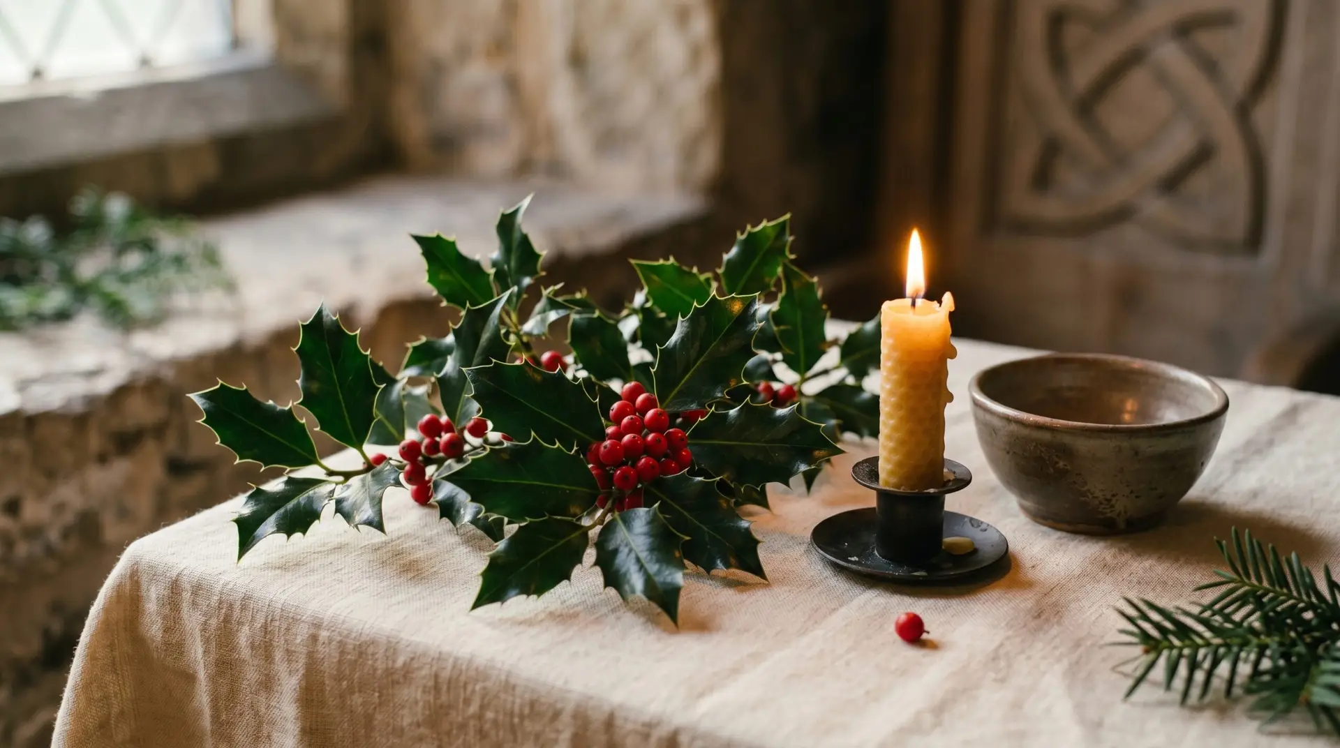 Holly branches beside handcrafted candle and ceramic bowl on cream linen Druid winter solstice reference