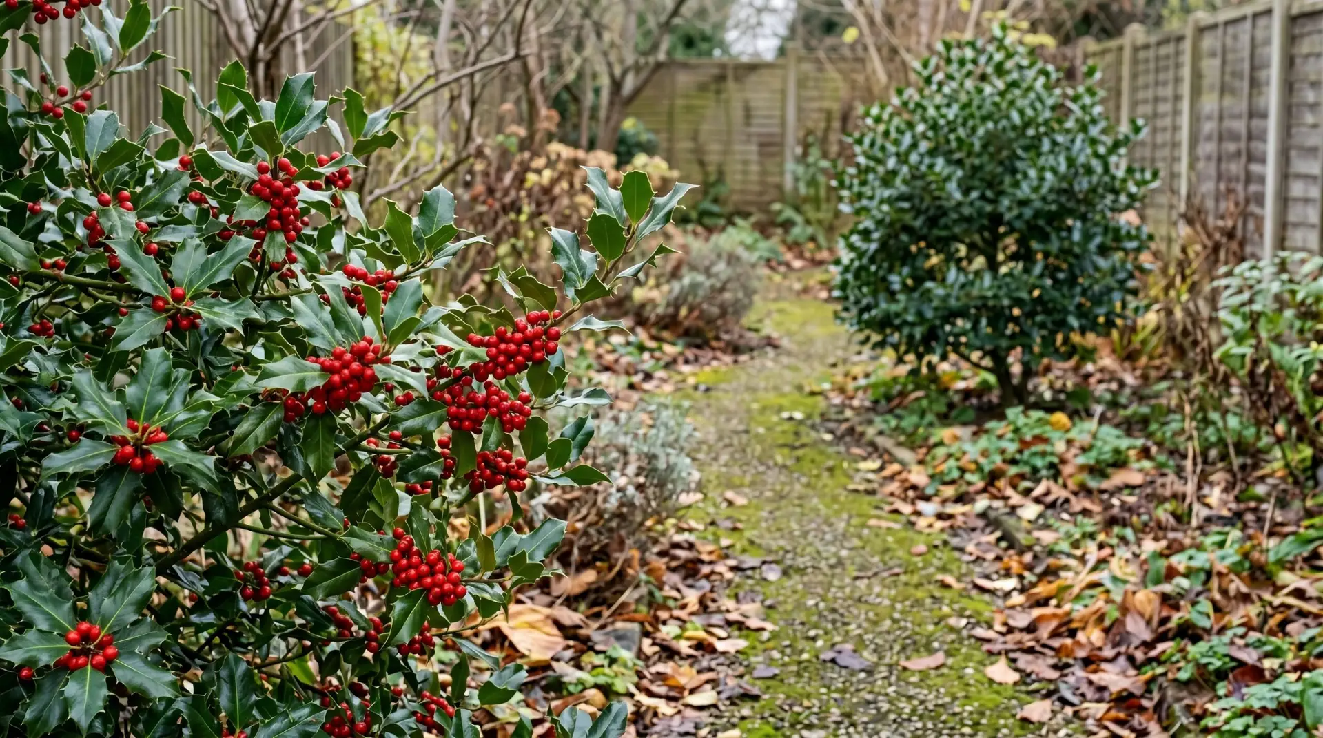 Holly garden with female plant berries and male holly visible at distance showing pollination pair
