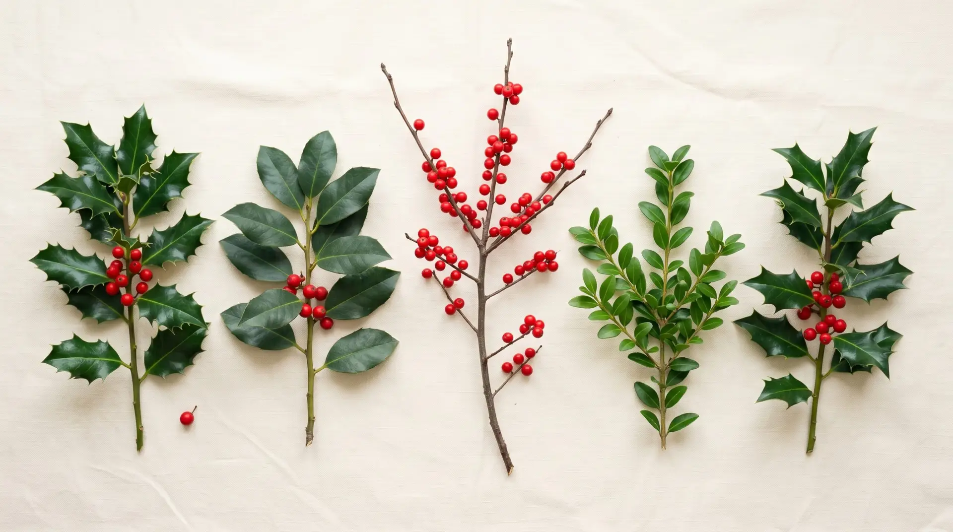 Five holly species comparison European American winterberry Japanese and Chinese on cream linen