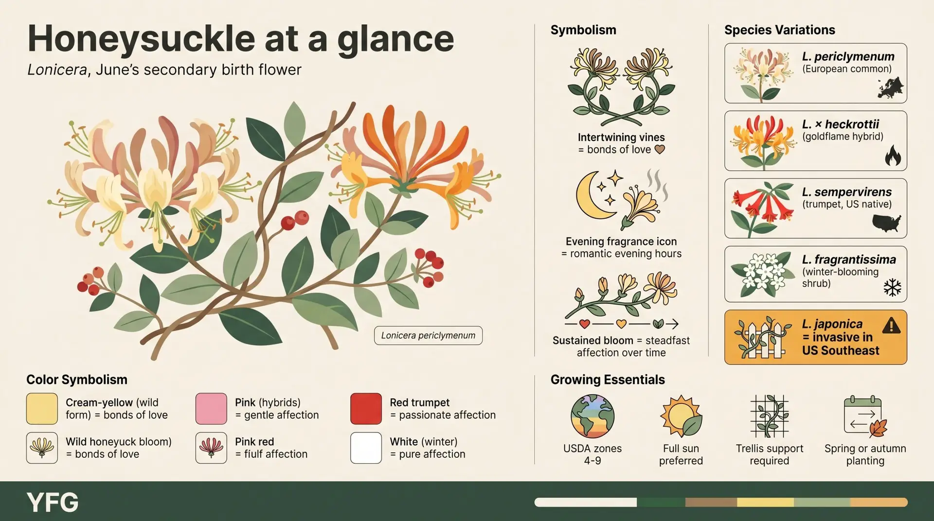 Honeysuckle at a glance infographic showing botany symbolism species variations and growing essentials
