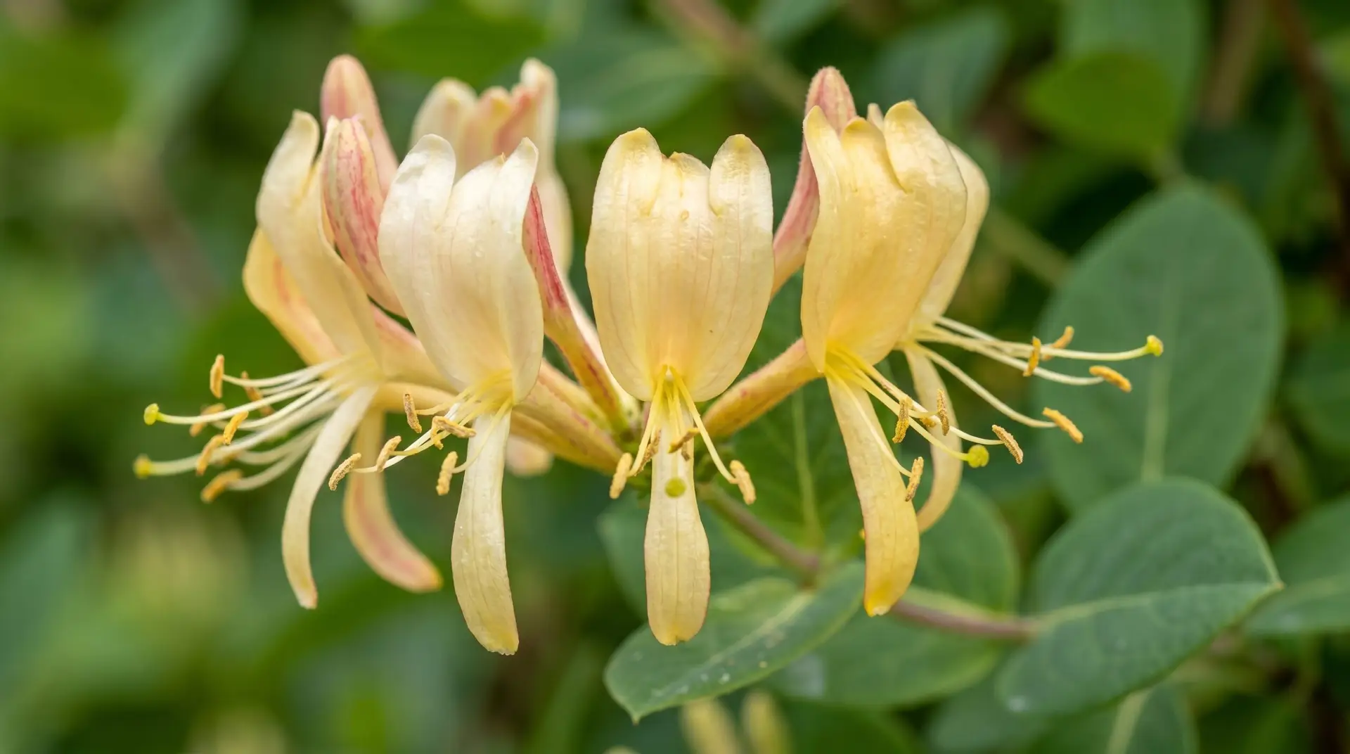 Macro close-up of single honeysuckle flower cluster showing tubular structure with upper hood and stamens