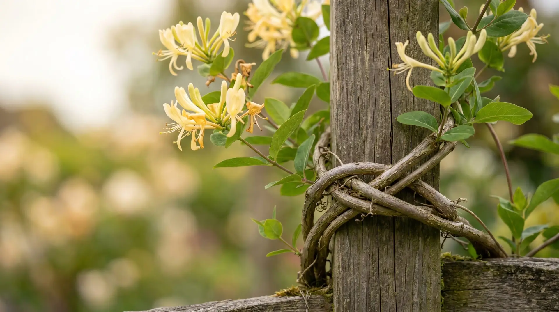Two honeysuckle vines intertwining around shared garden post showing Victorian bonds of love metaphor