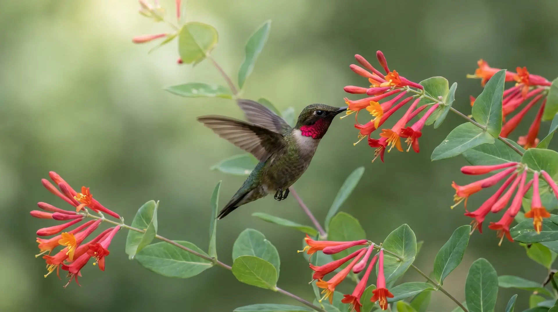 Native trumpet honeysuckle Lonicera sempervirens with hummingbird hovering at red-orange tubular flowers