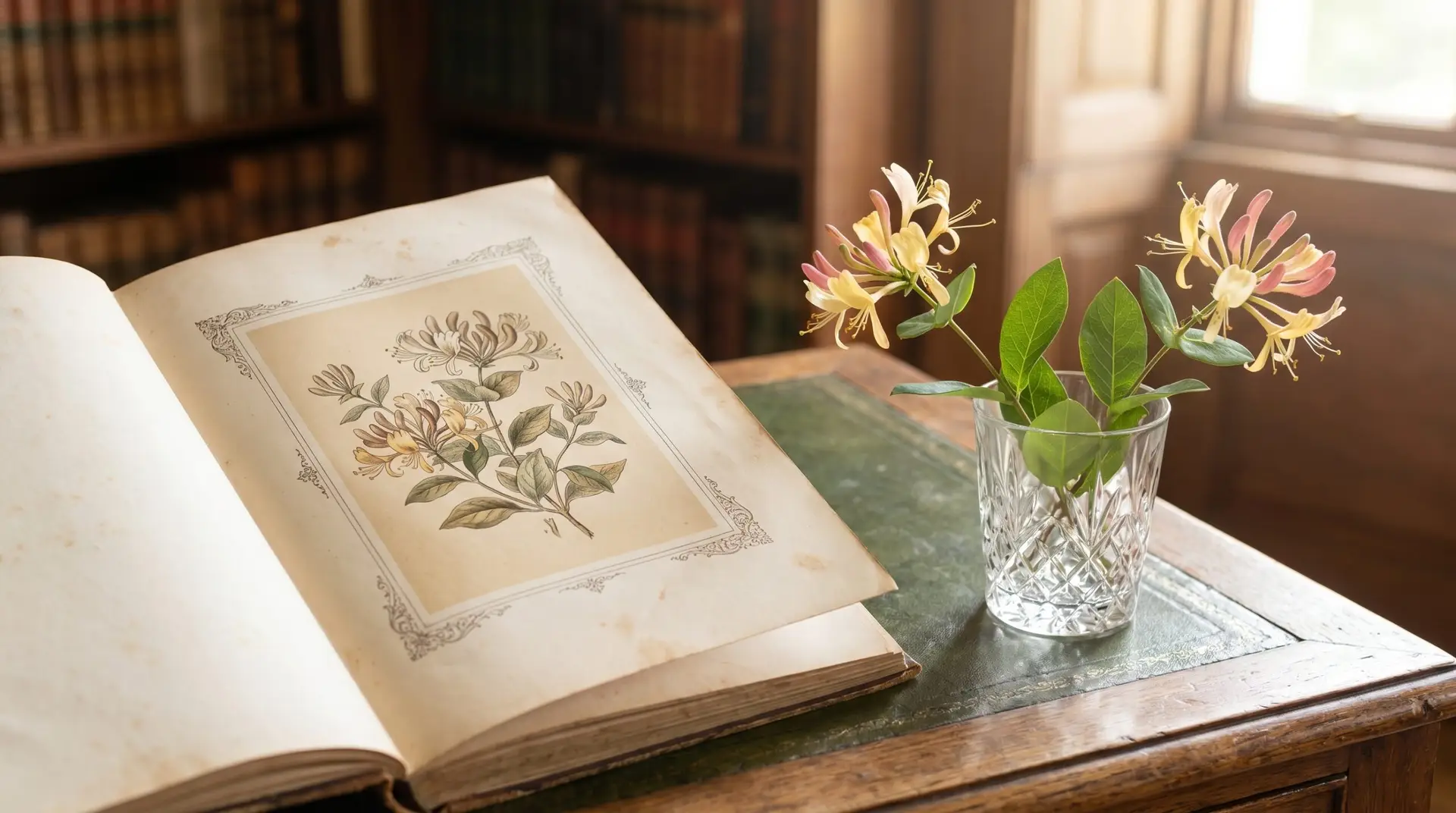 Antique Victorian flower language book open to honeysuckle illustration beside fresh honeysuckle sprig