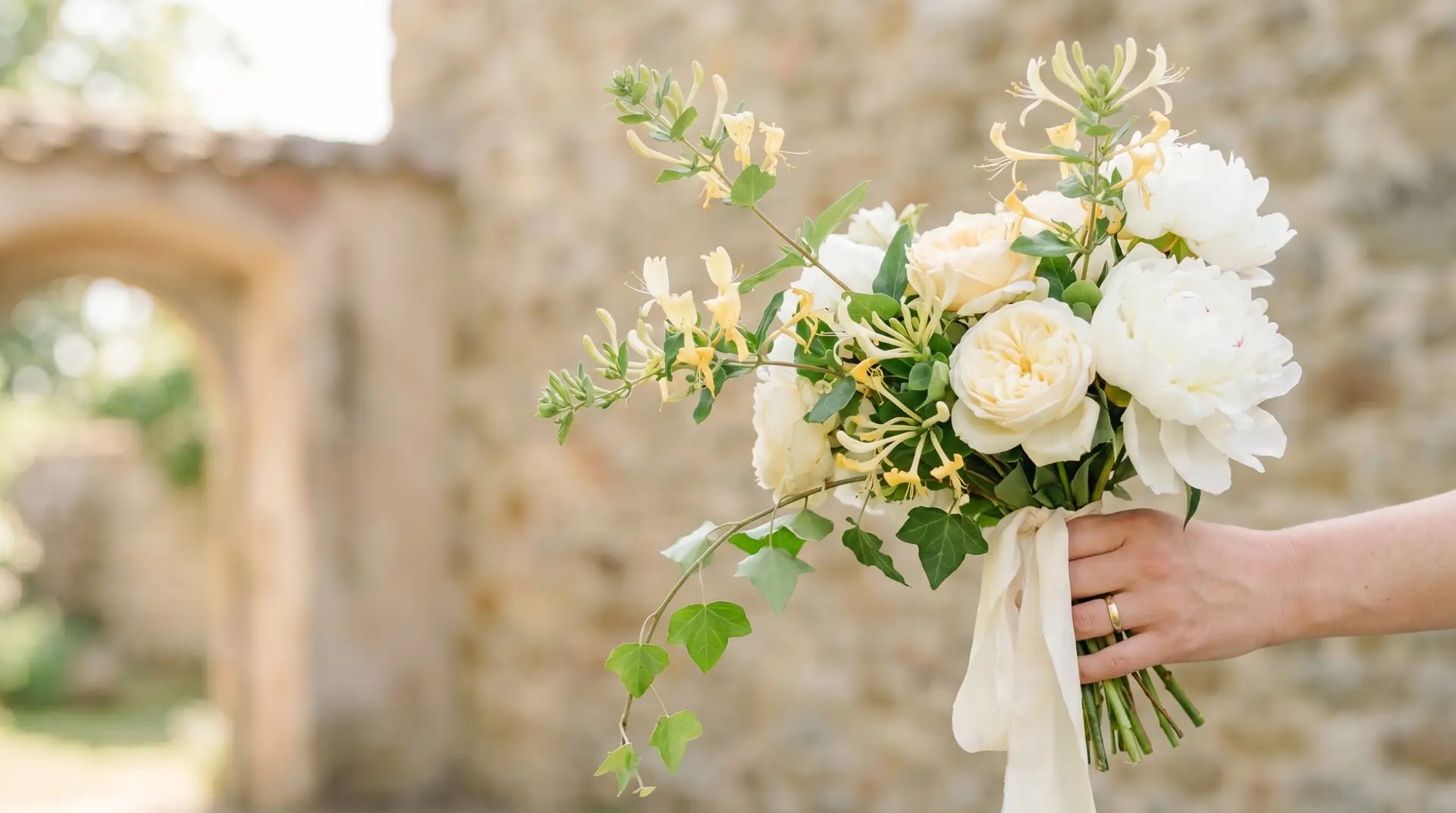 Wedding bouquet featuring fresh honeysuckle sprigs alongside cream roses white peonies and trailing ivy