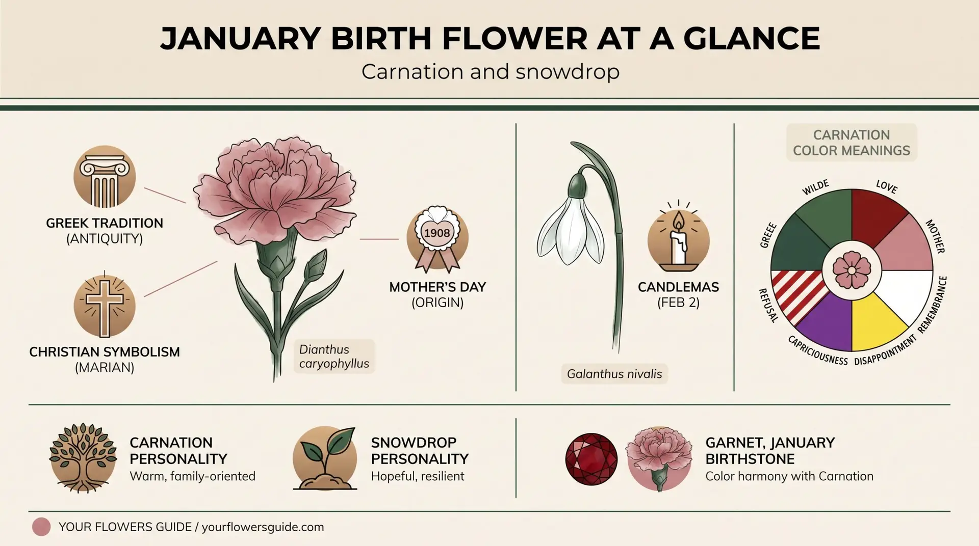 January birth flower at-a-glance: carnation, snowdrop, meanings and garnet birthstone