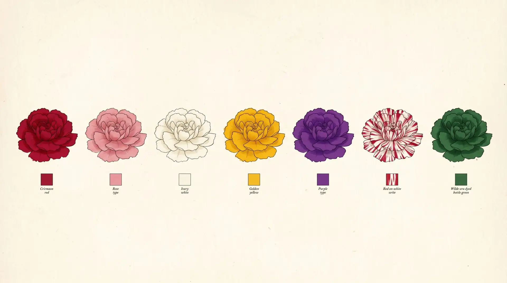 Carnations in red, pink, white, yellow and purple showing color meanings