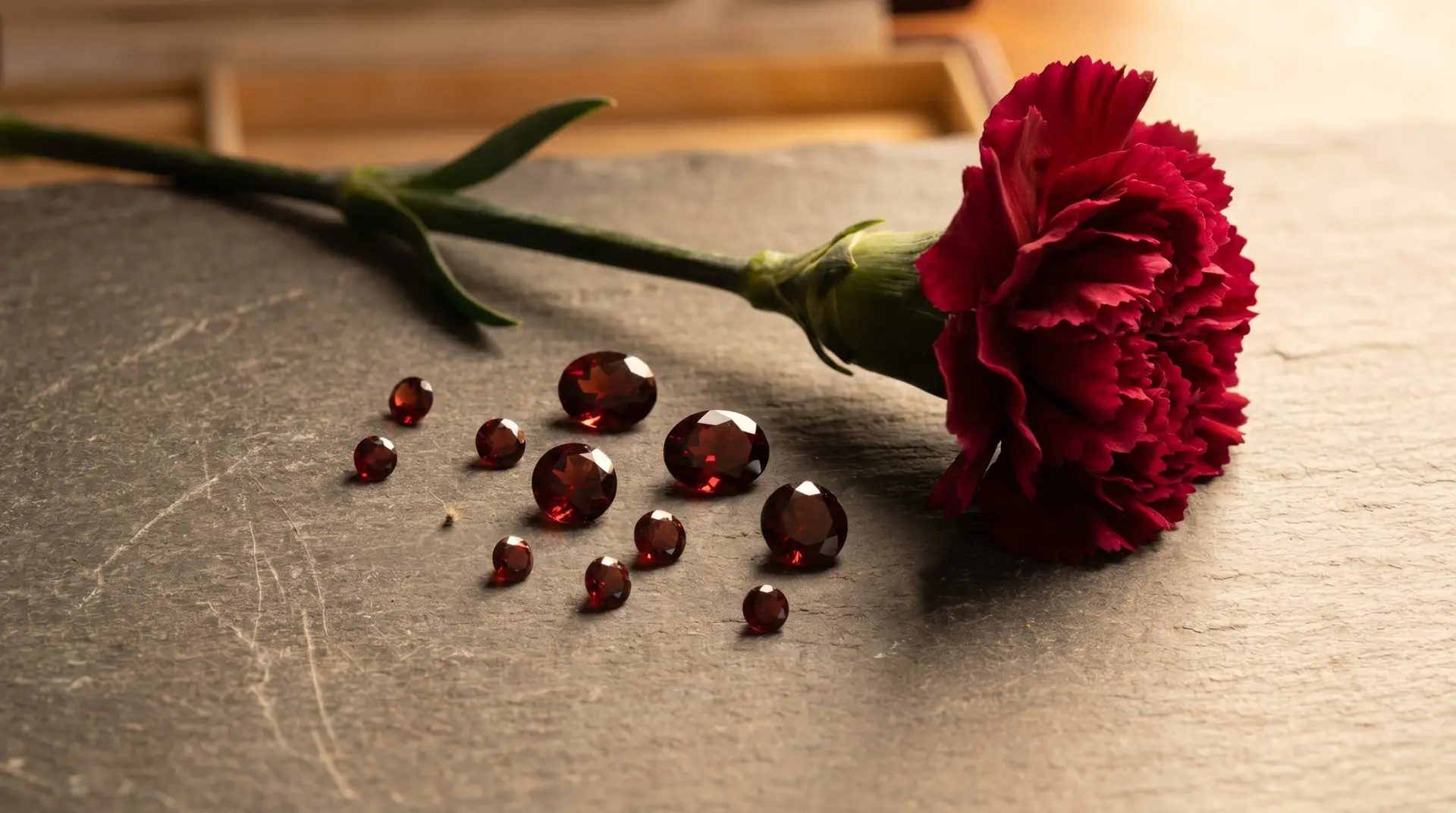 Red carnation paired with garnet stones, January birth flower and birthstone gift
