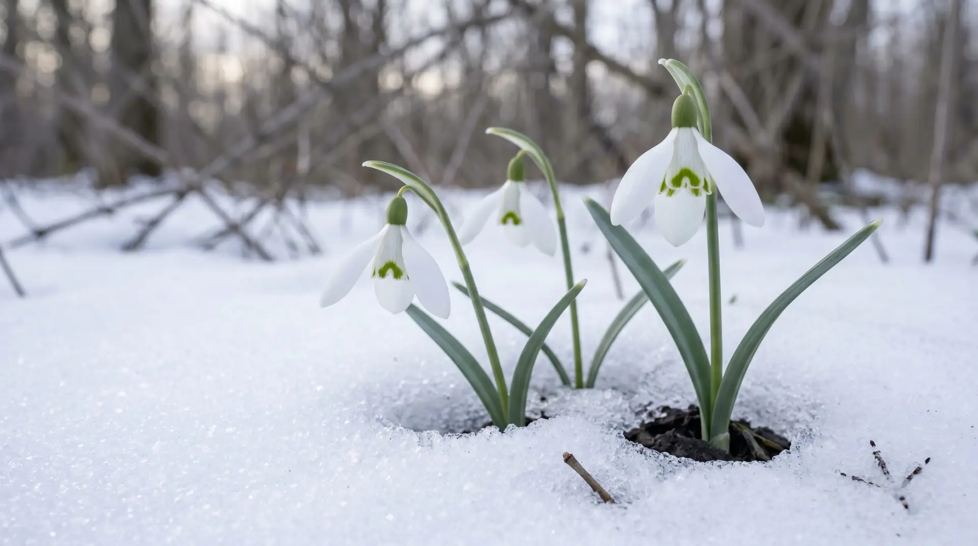 A single white snowdrop pushing through a thin crust of snow