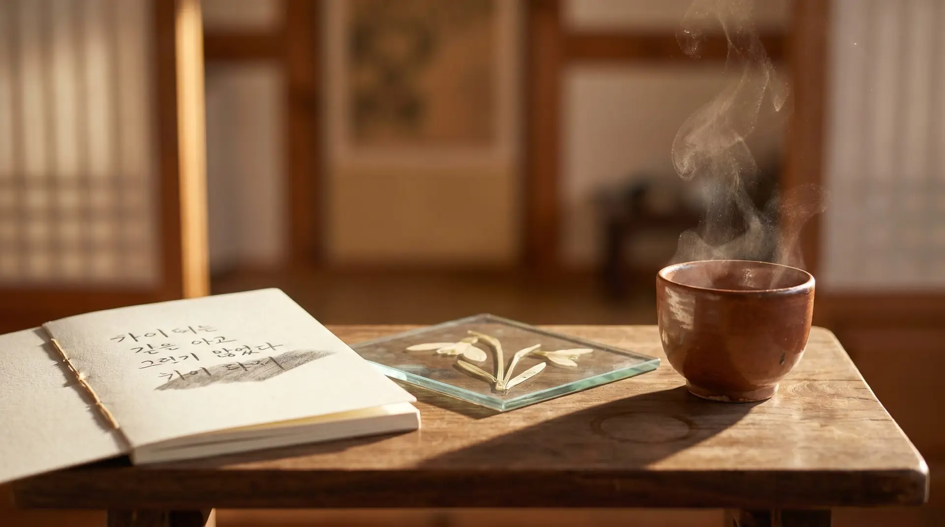 Still life suggesting Korean cultural context with notebook pressed flower and barley tea